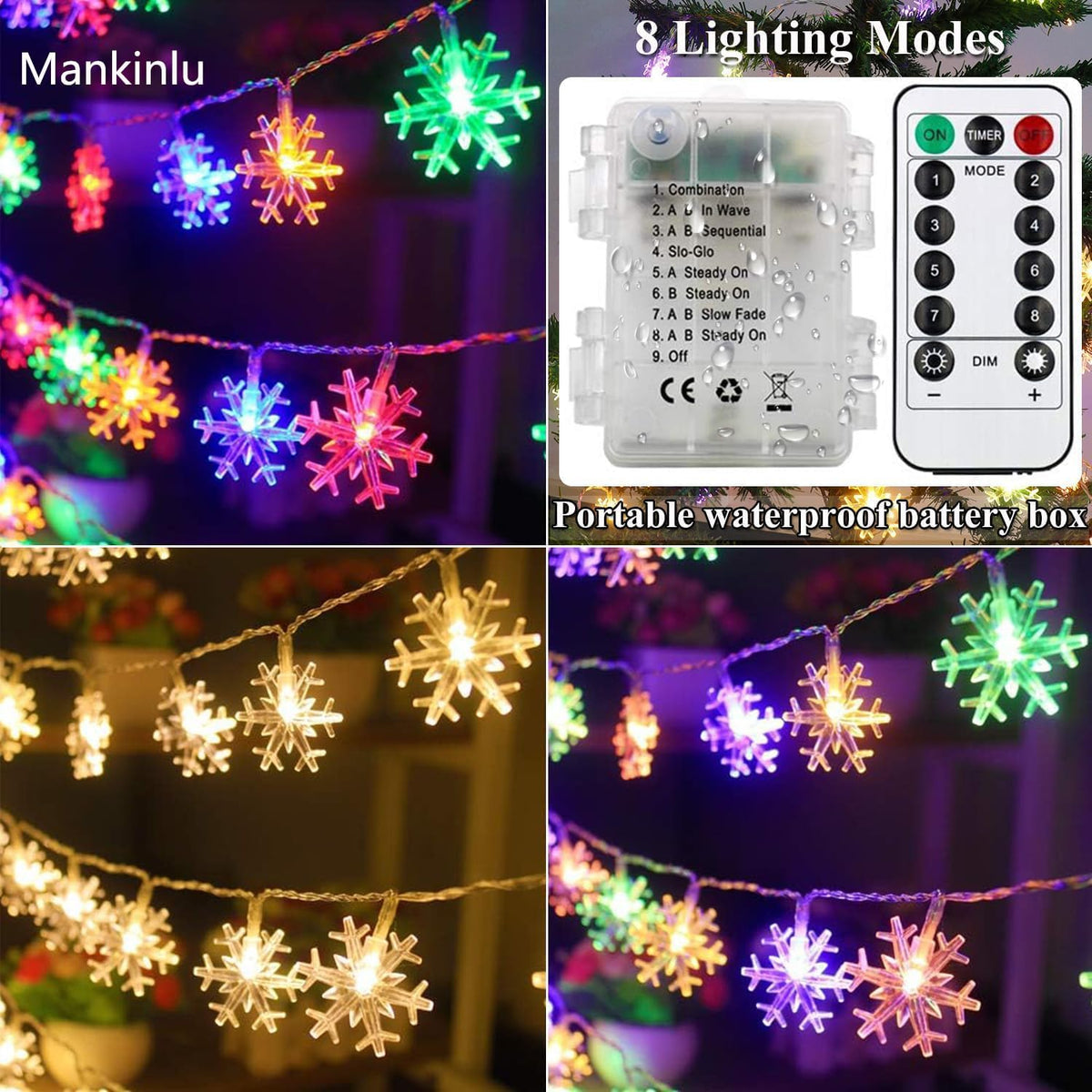 Christmas Decorations Snowflake Lights, 30ft 60 LEDs Snowflakes Christmas Lights Battery Operated String Lights with Remote for Xmas Tree Window Curtain Outdoor Indoor Winter Decor Multicolor