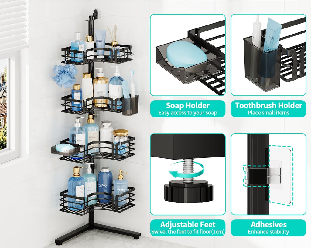 HapiRm Corner Shower Caddy Stand - 4-Tier Adjustable Shower Shelves, Black