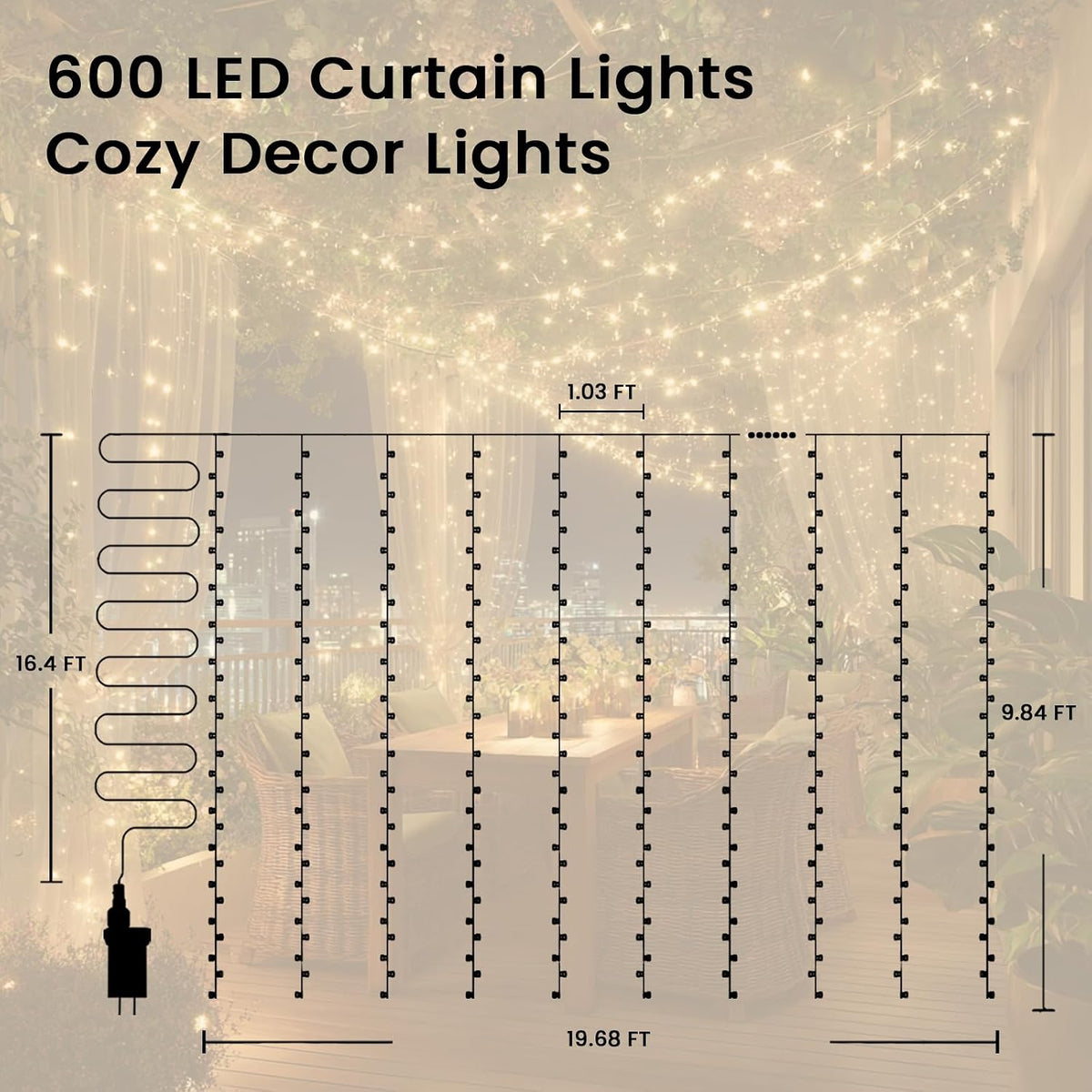 9.8x19.6Ft Curtain String Lights Plug in,600 Warm White LED Curtain Lights with Remote,Timer,Memory,Waterproof Clear Wire for Indoor Outdoor Bedroom Window Decor