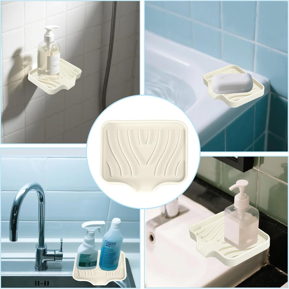 2 Pack Silicone Soap Dish with Drain, Self Draining Bar Soap Holder for Shower, Silicone Dish Soap Tray, Bathroom and Kitchen Sink Organizer, Beige