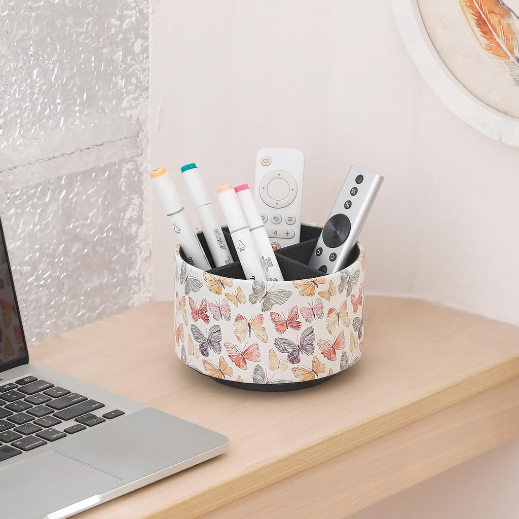 360 Degree Rotating Remote Control Holder for Table, PU Leather Spinning End Table Organizer Caddy, Cute Remote Control Caddy for Office Supplies, Makeup Brushes, Butterfly PH130