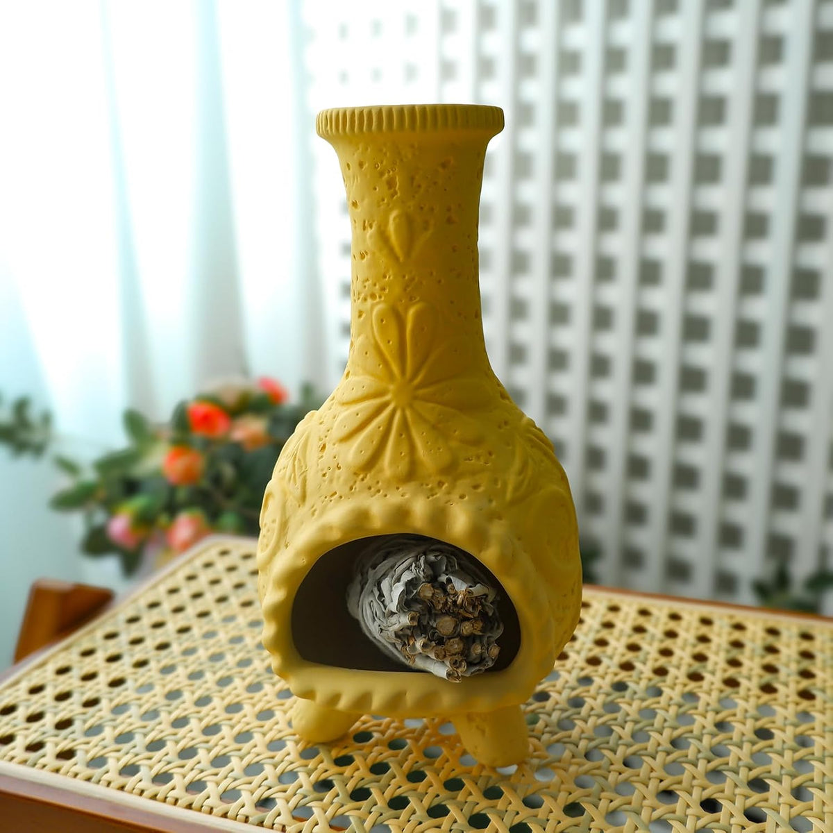Yellow Floral Palo Santo Chiminea,Smudge Stick-Incense Cones Burner Holder