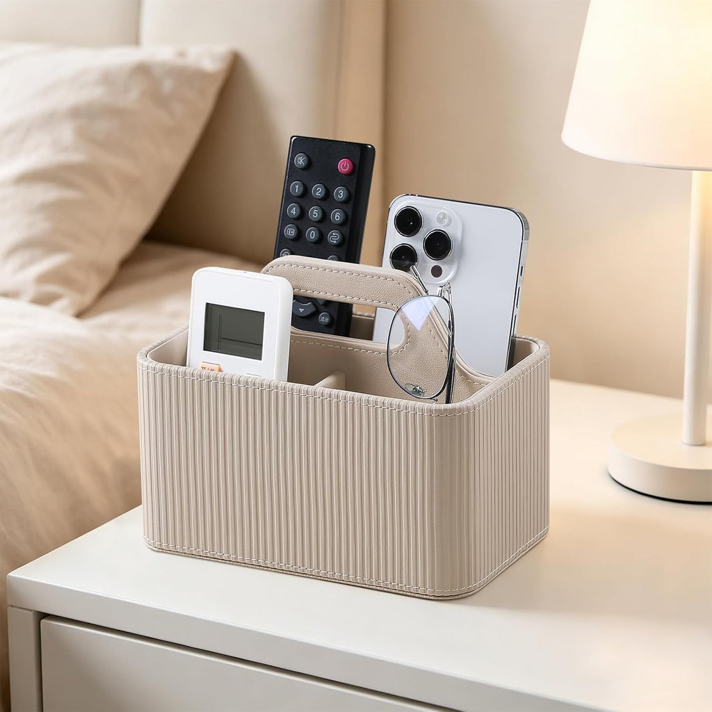 Ribbed Portable Remote Control Holder, PU Leather Desk Organizer