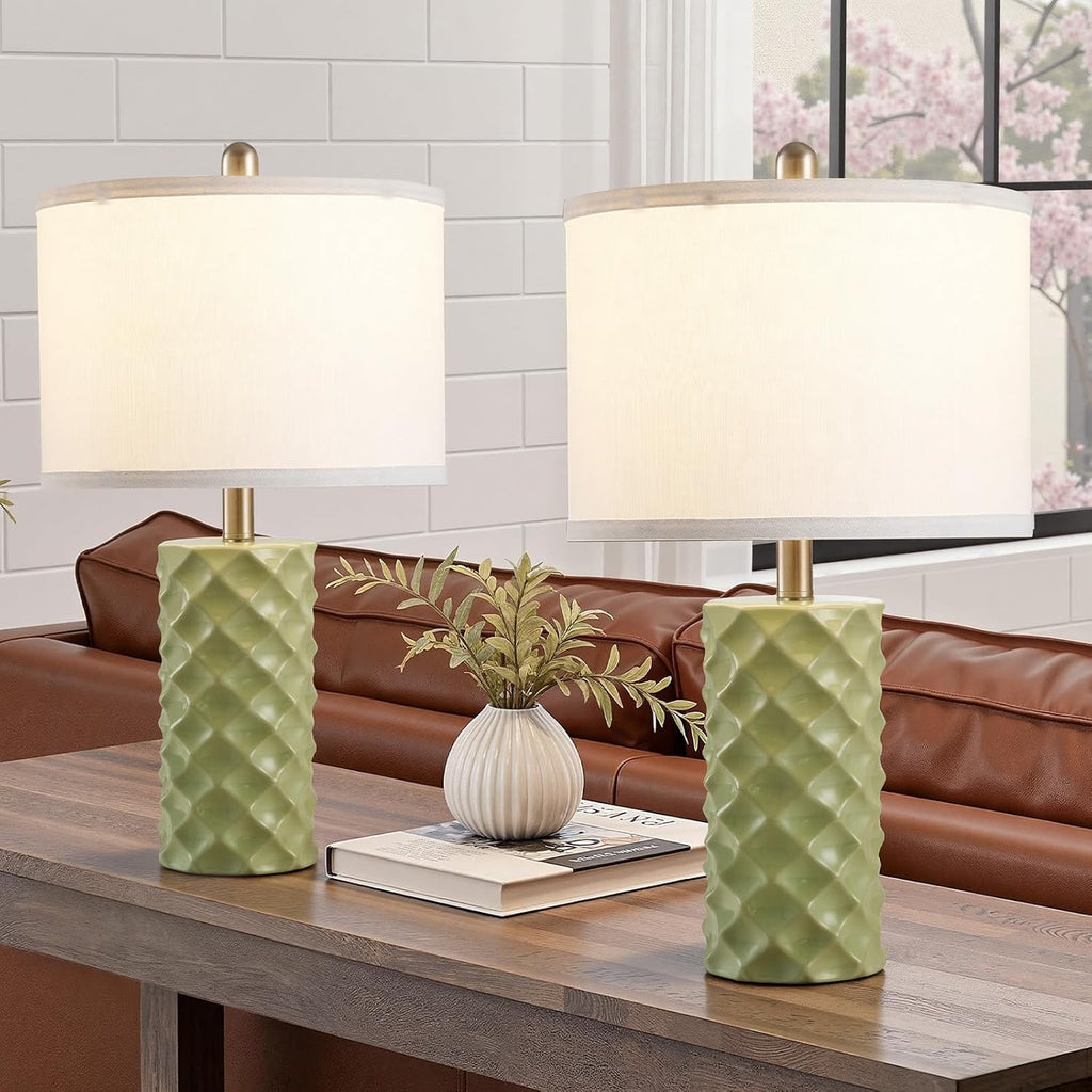 Star Diamond Ceramic Table Lamps Set of 2 - Sage Green Nightstand Lamps 23"
