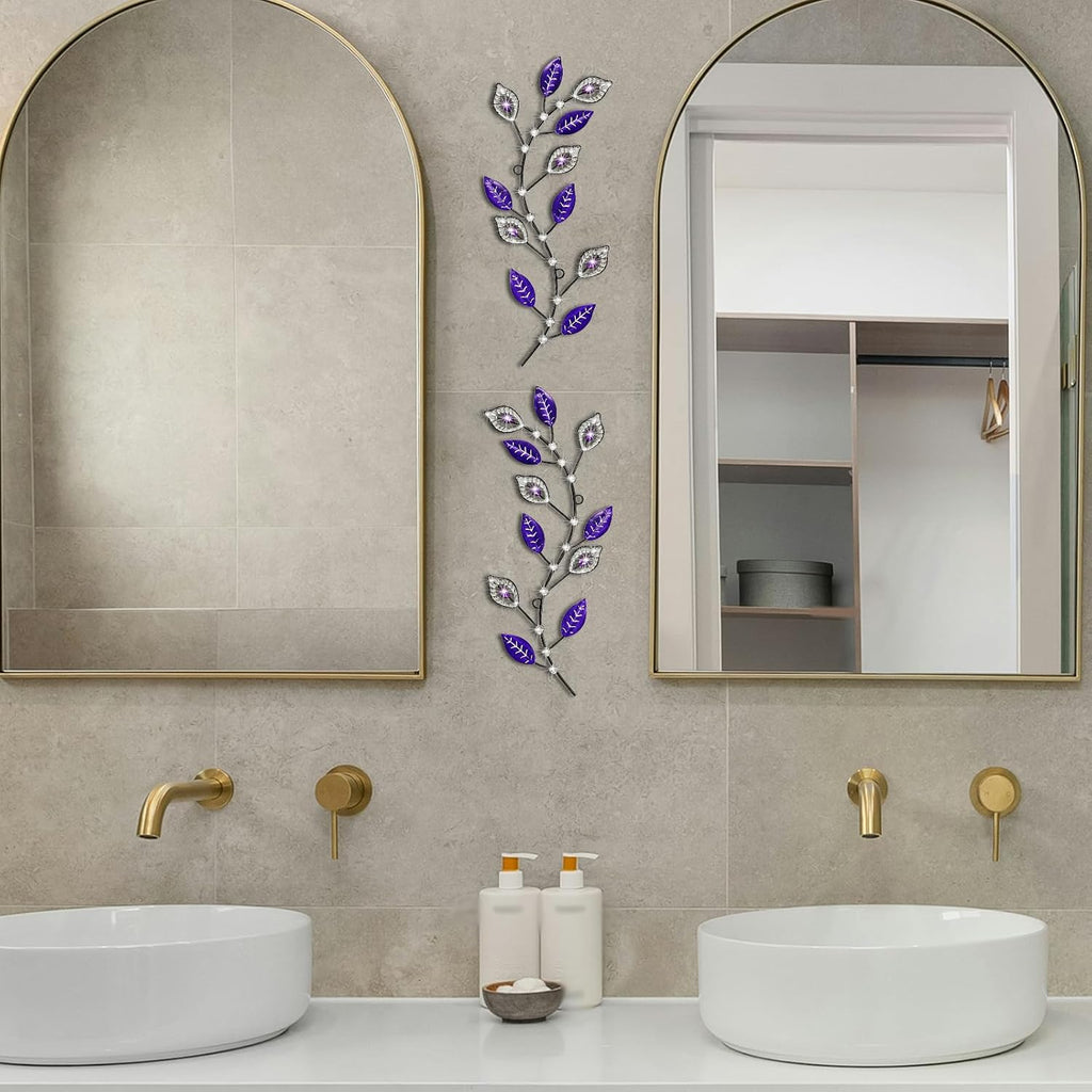 sxnzequnze 2 Set Metal Tree Leaf Wall Art for Home Decor Living Room Bedroom Dining Room Bling Rhinestone, 3D, Iron Branch Hanging Leaf Sculpture Art Pieces -Purple 16.5in*6.7in