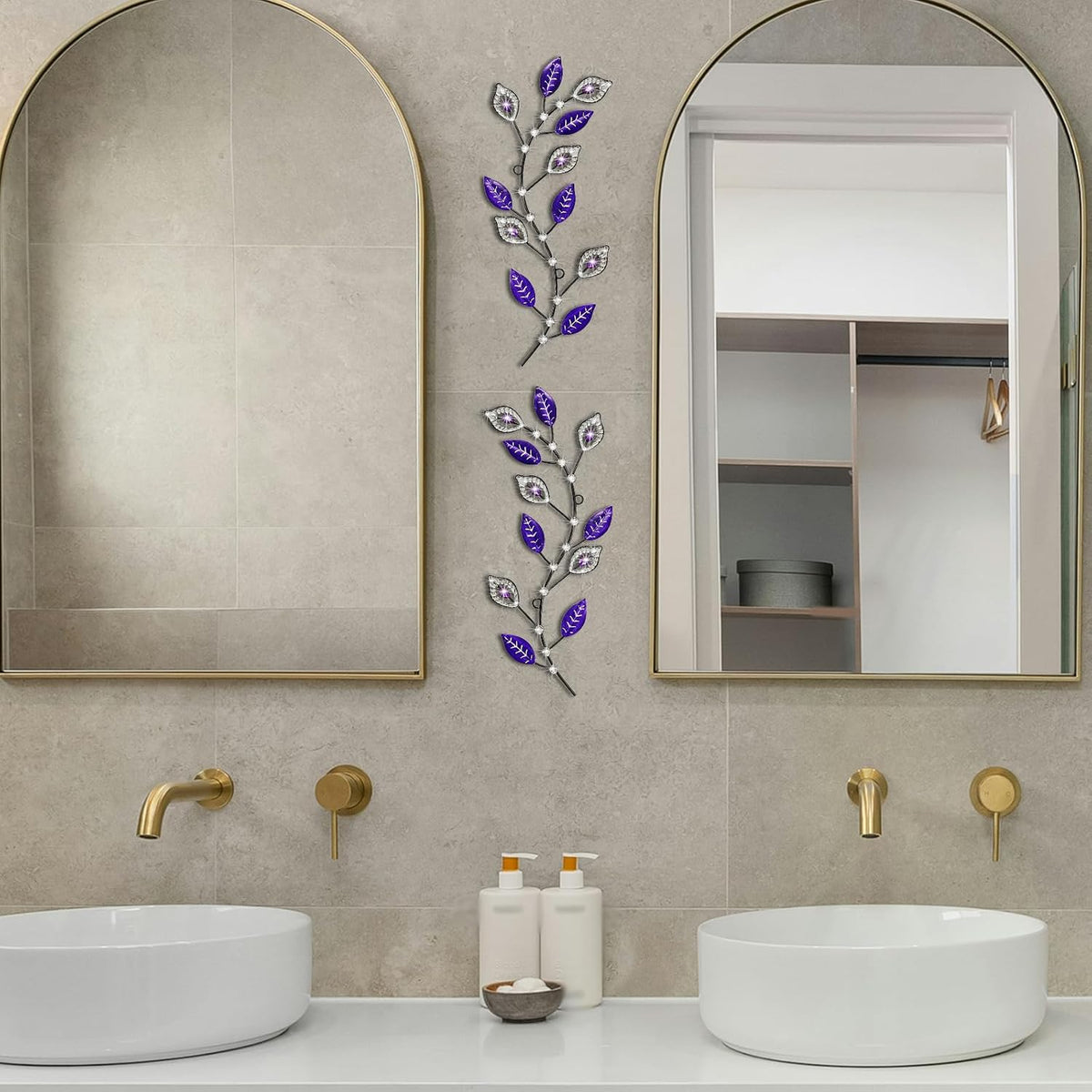 sxnzequnze 2 Set Metal Tree Leaf Wall Art for Home Decor Living Room Bedroom Dining Room Bling Rhinestone, 3D, Iron Branch Hanging Leaf Sculpture Art Pieces -Purple 16.5in*6.7in