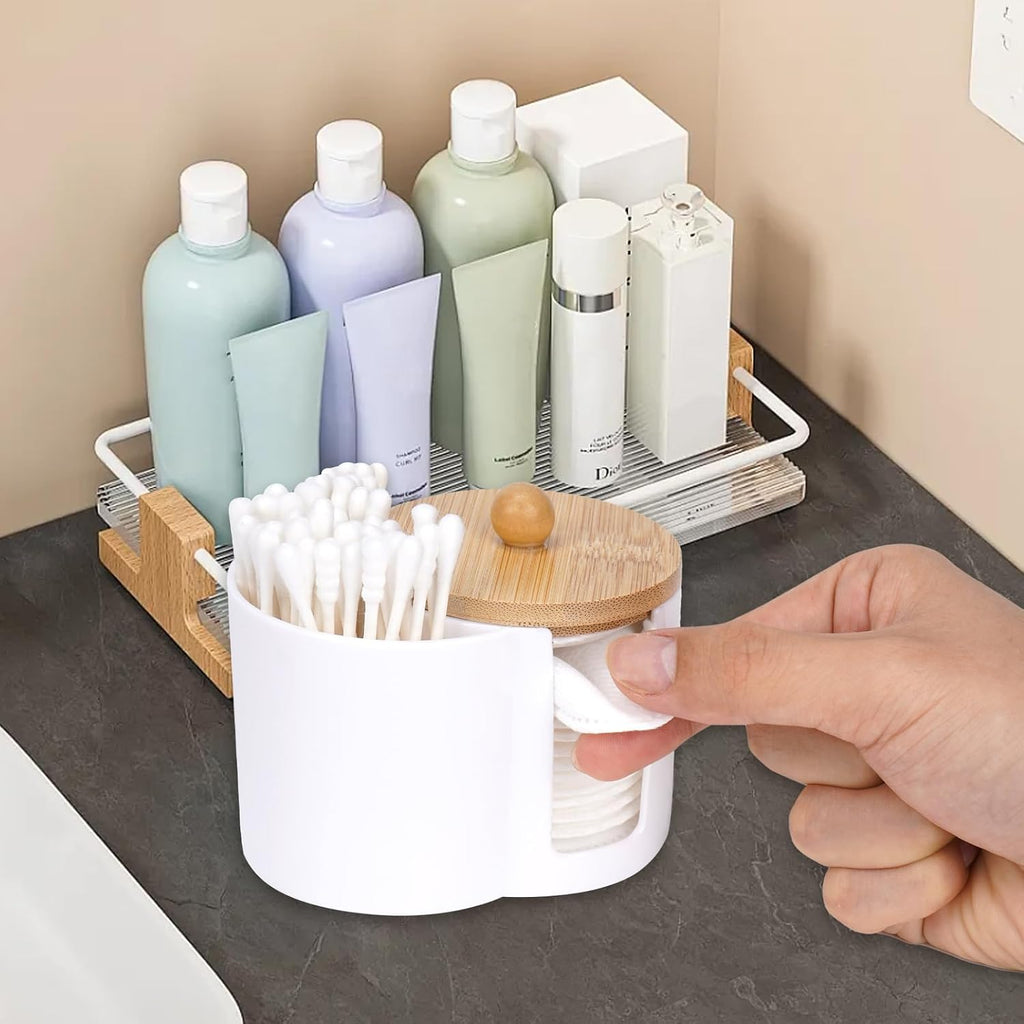 Adorila Compact Cotton Pad & Swab Holder with Bamboo Lid, White