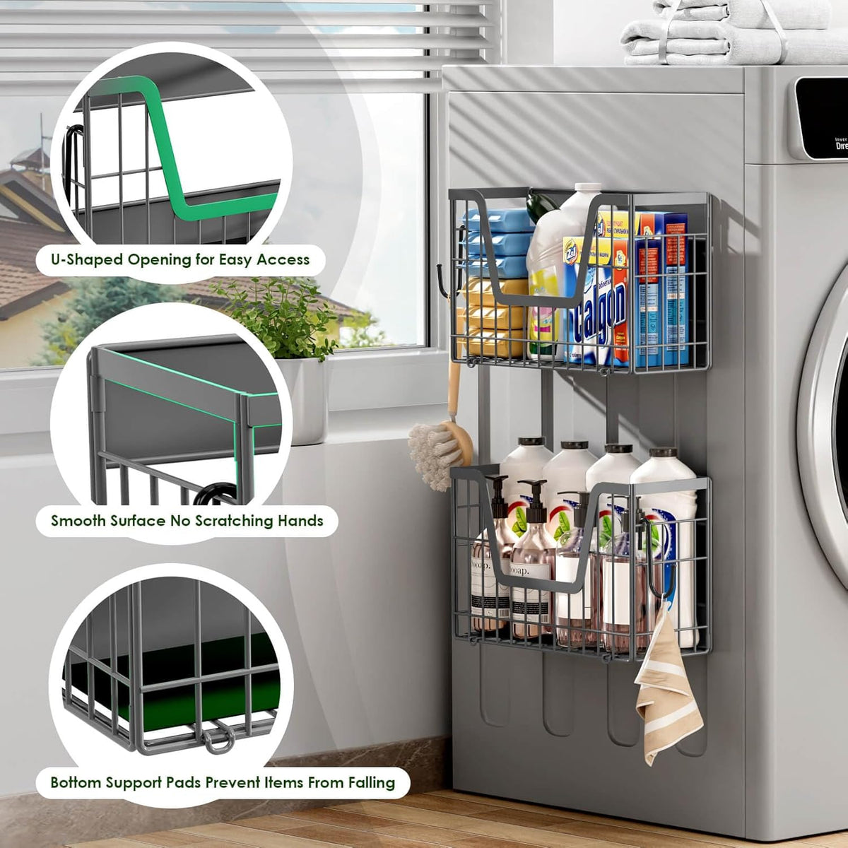 4 Pack Magnetic Shelves for Fridge, Grey Fruit Baskets with 8 Hooks
