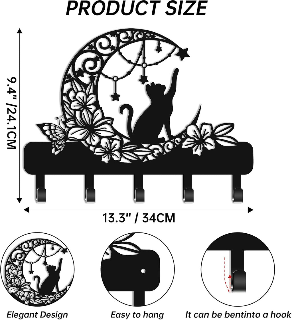 Cat Key Holder for Wall, Cat on Moon Entryway Decorative Key Hooks