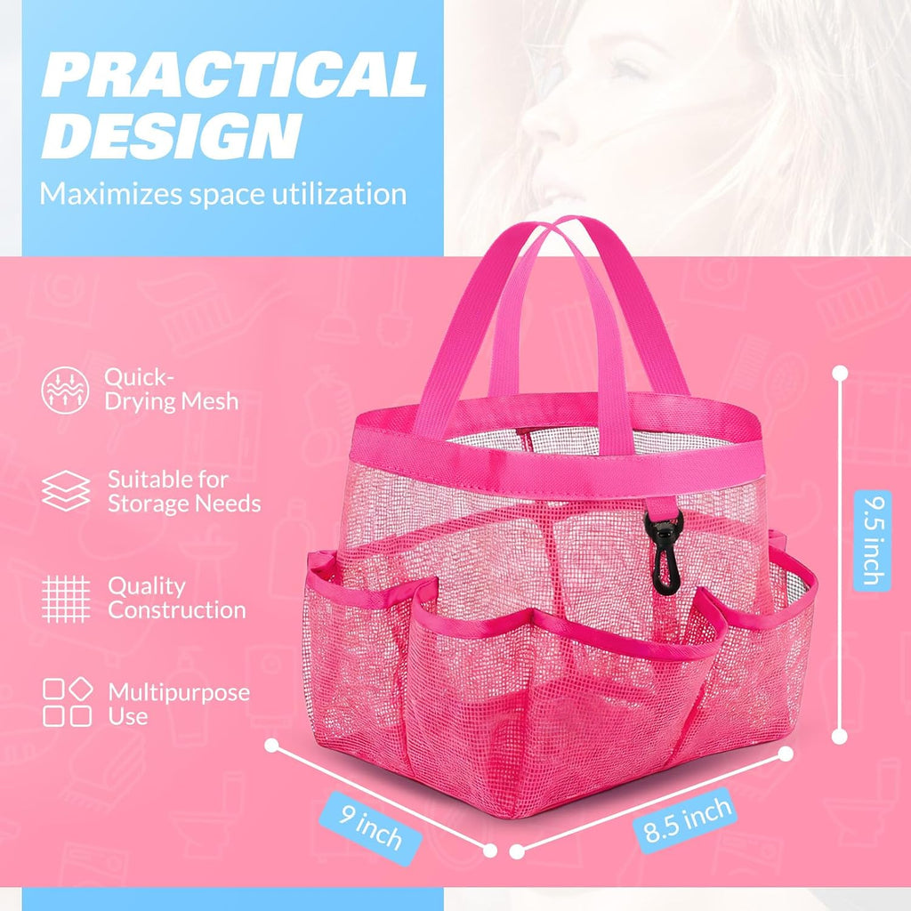 LOYEE Mesh Shower Caddy Portable for College Dorm Room Essentials with 8 Pockets, Shower Bag for Beach, Swimming, Gym, Travel, Bathroom(All rose pink)