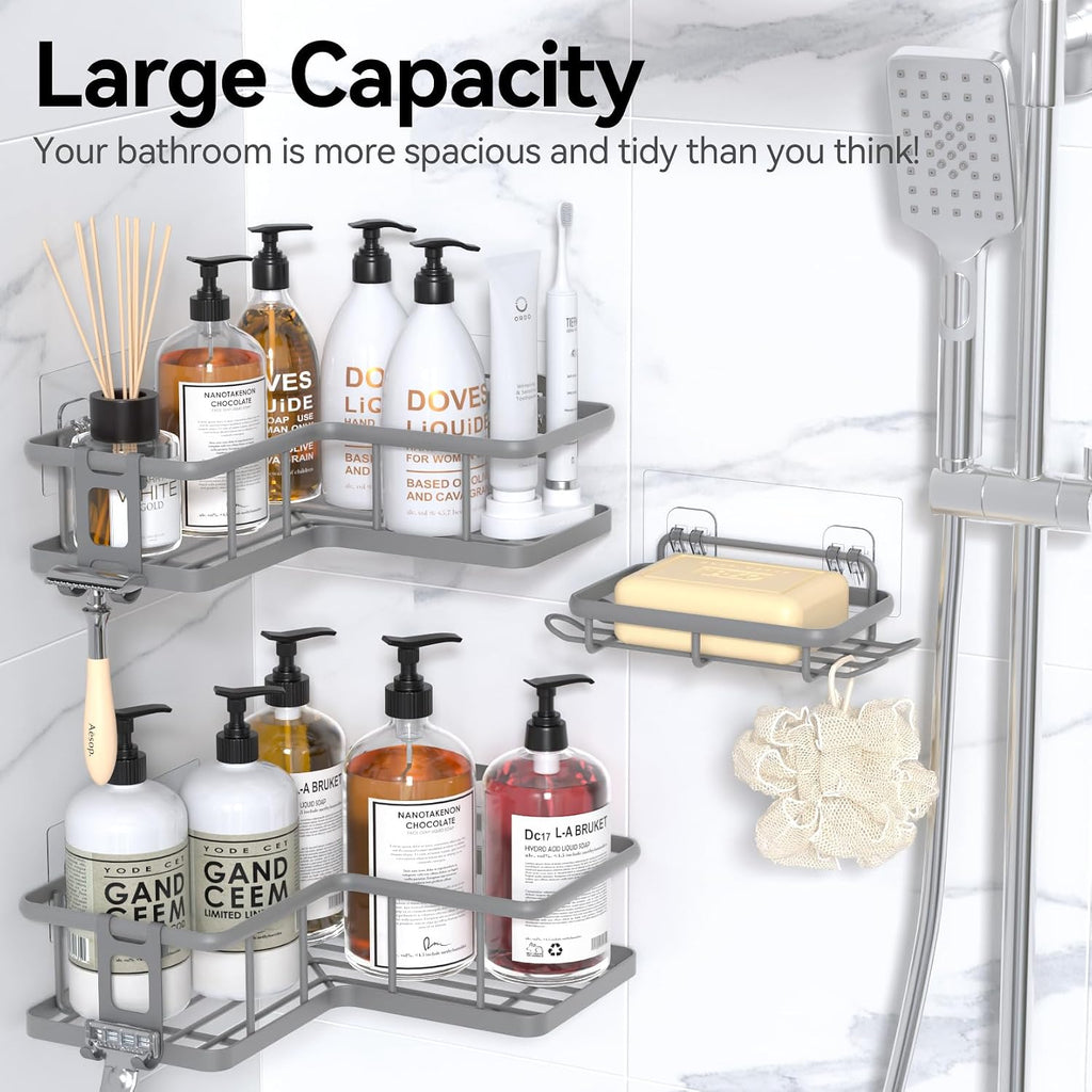 YASONIC Corner Shower Caddy Adhesive, 100% Rustproof Shower Organizer with Soap Holder, No Drill Shower Shelf for Inside Shower, Wall-Mounted Shower Storage for Homes (3 Pack, Grey)