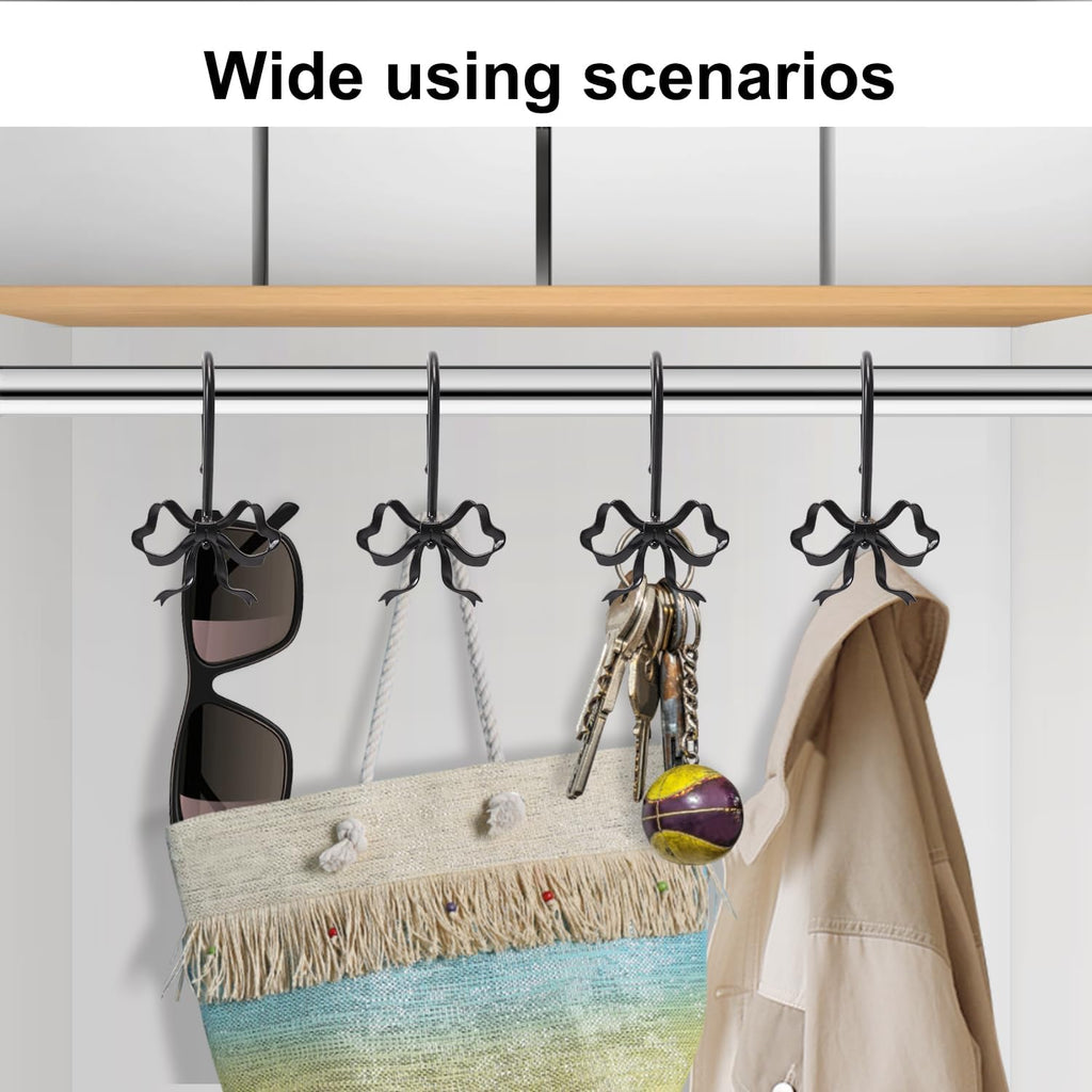 Bow Shower Curtain Hooks, 12-Pack Black Metal Decorative Bow Knot Rings