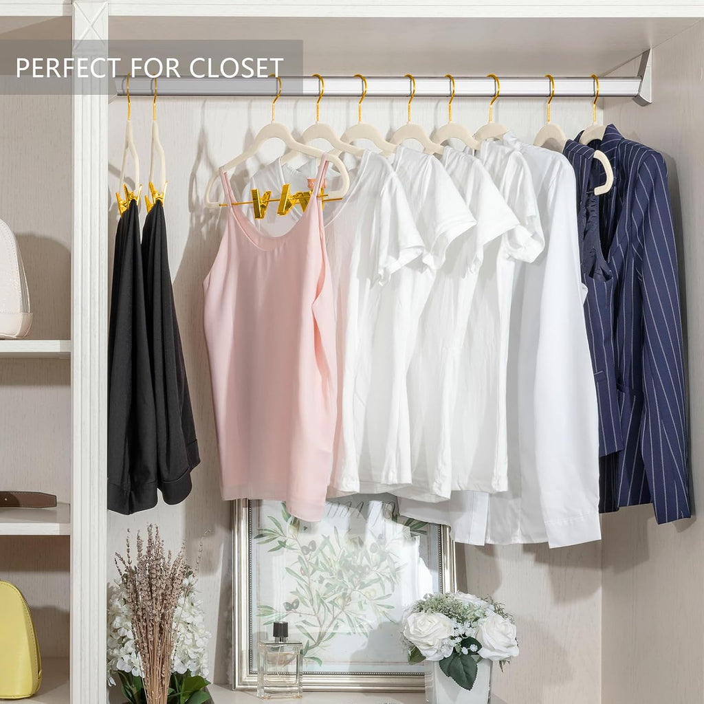 MIZGI Premium Velvet Pants Hangers with Adjustable Clips (Pack of 20) Slim Skirt Hangers- Non Slip Felt Outfit Dress Hangers Ivory - Gold Hooks,Space Saving Shirt Clothes Hangers