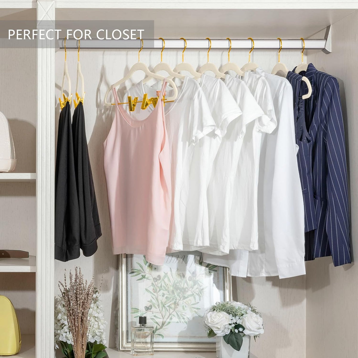 MIZGI Premium Velvet Pants Hangers with Adjustable Clips (Pack of 20) Slim Skirt Hangers- Non Slip Felt Outfit Dress Hangers Ivory - Gold Hooks,Space Saving Shirt Clothes Hangers