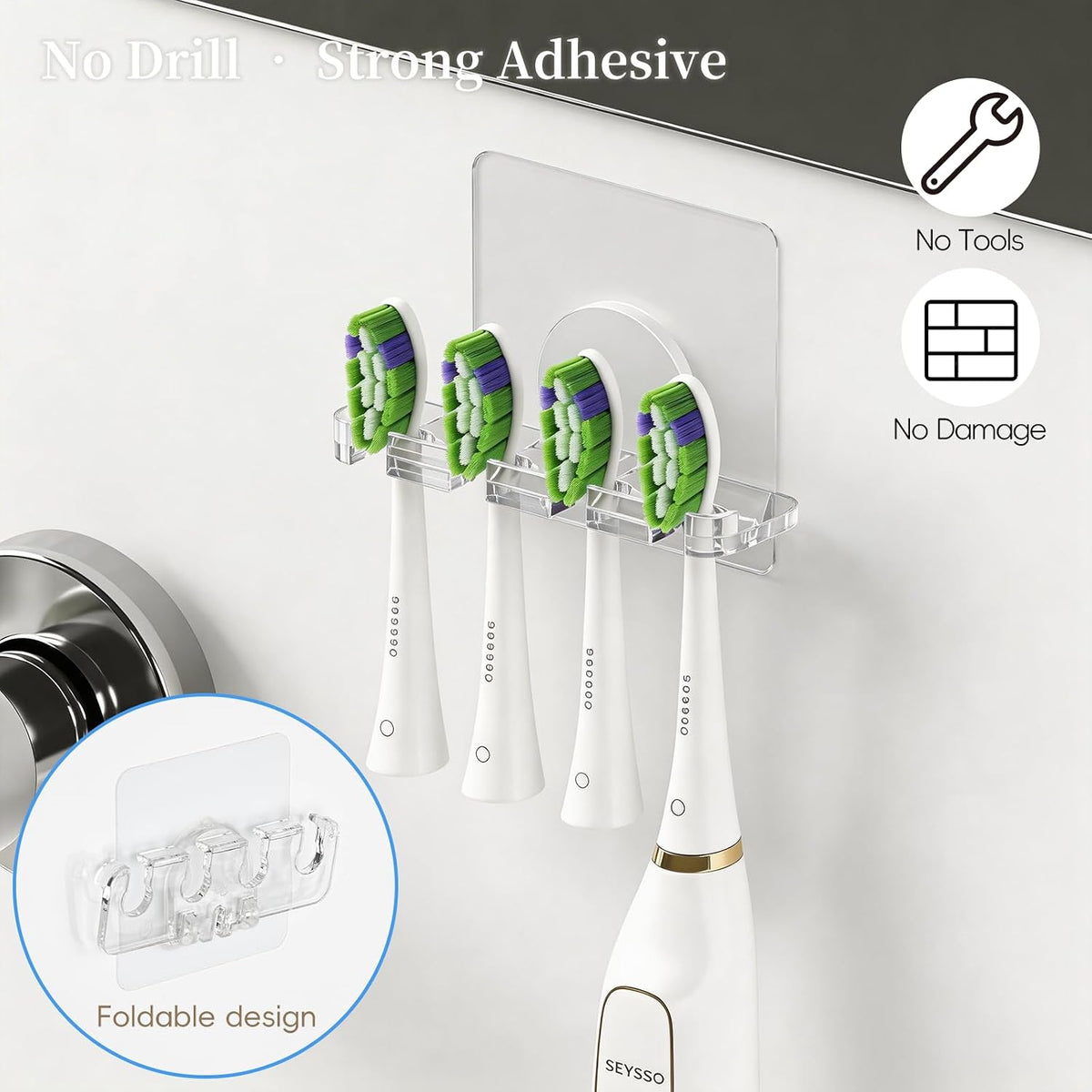 Adhesive Toothbrush Holders 2 Pack,4 Slots for Family, Clear