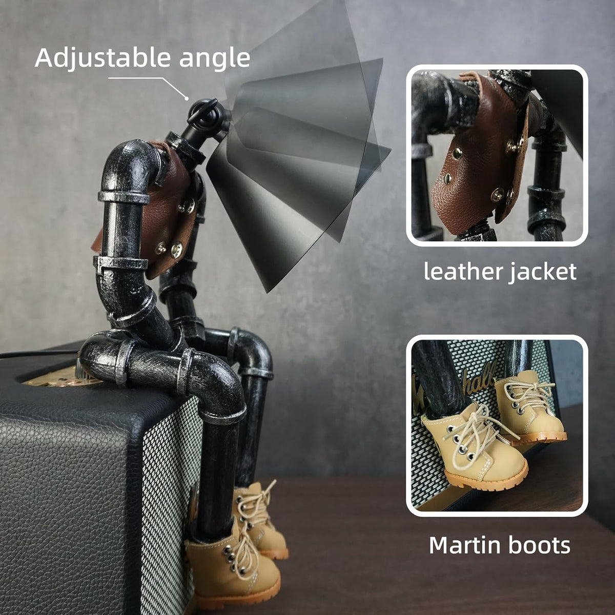 Steampunk Cowboy Robot Table Lamp, Boots & Vest Jacket Design with Metal Pipe Industrial Robot Lights, Adjustable Brightness Cool Desk Lamp,Unique Retro Decor & Creative Art Gifts for Men