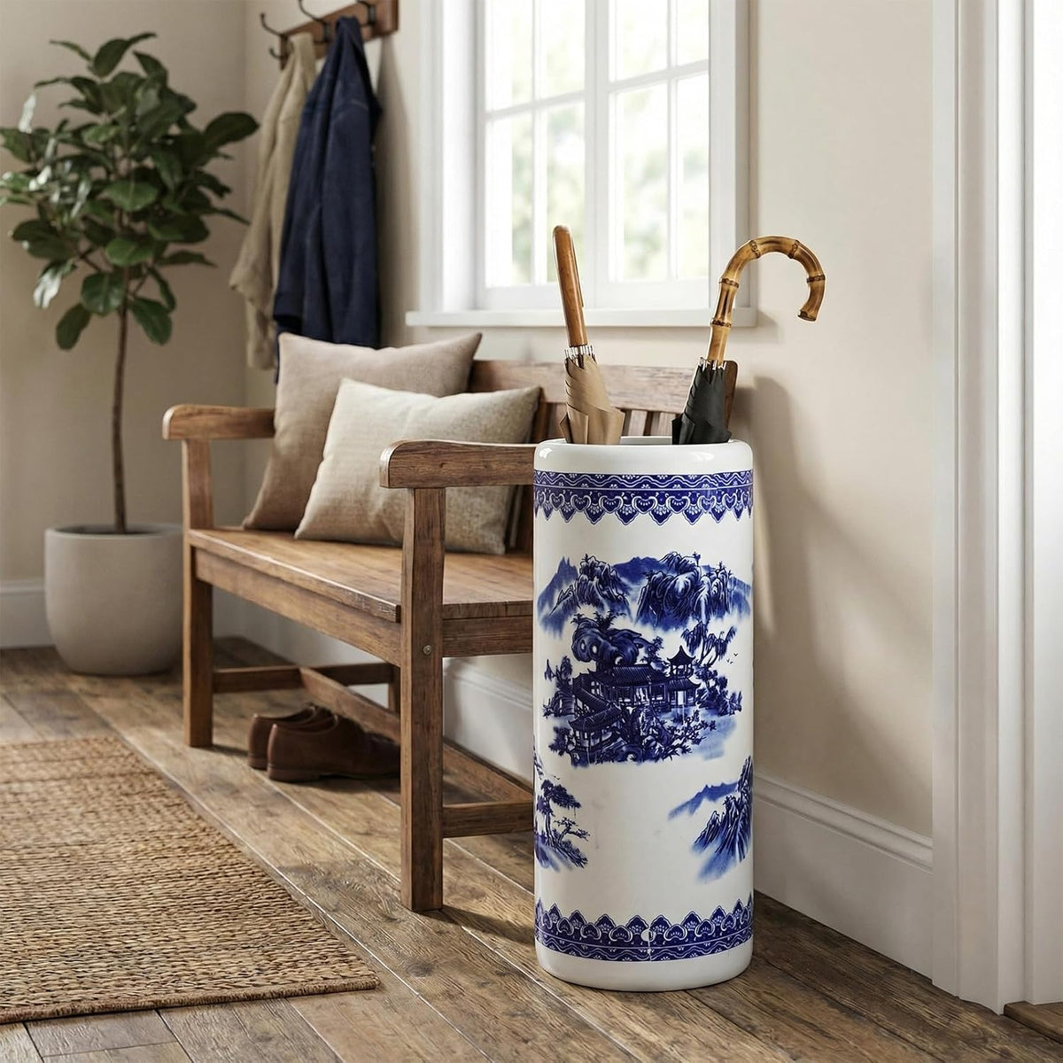 Sawysine Blue White Ceramic Umbrella Stand with Landscape Design