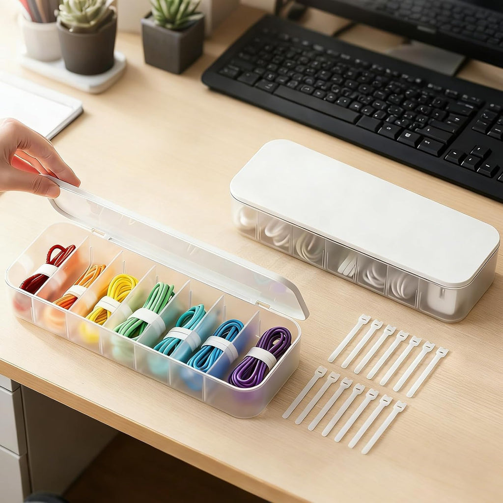 Cable Organizer Box with 7 Wire Ties, 2 Pack Desktop Cord Management Storage Case with Lid, 7 Compartments for Chargers Cables for Office Home Desk Accessories Cords (White)