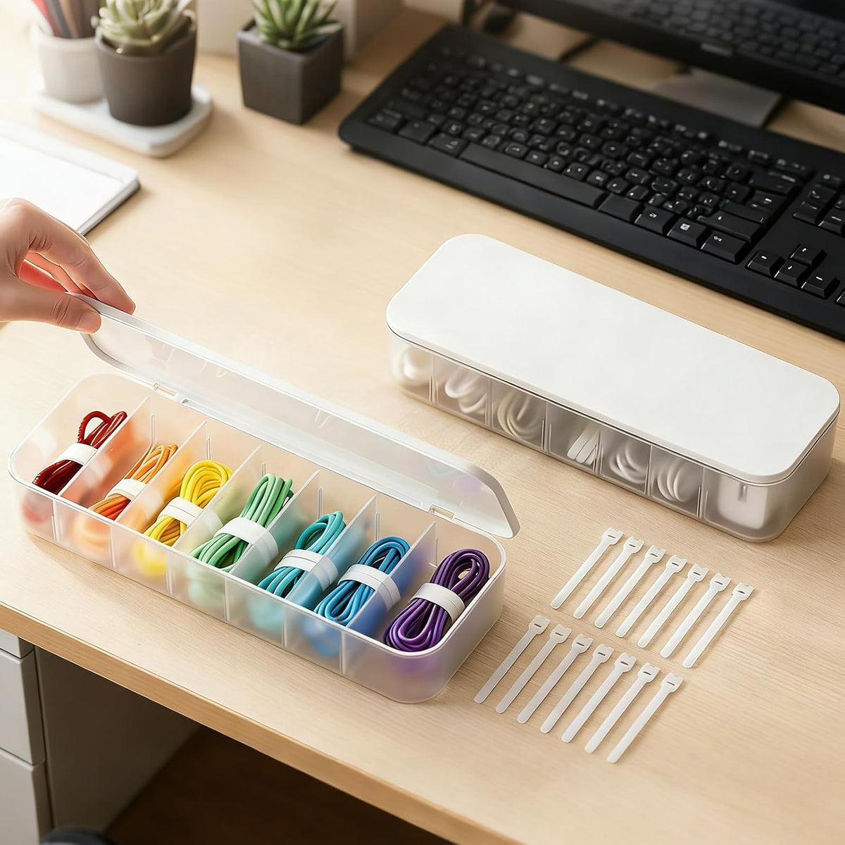 Cable Organizer Box with 7 Wire Ties, 2 Pack Desktop Cord Management Storage Case with Lid, 7 Compartments for Chargers Cables for Office Home Desk Accessories Cords (White)