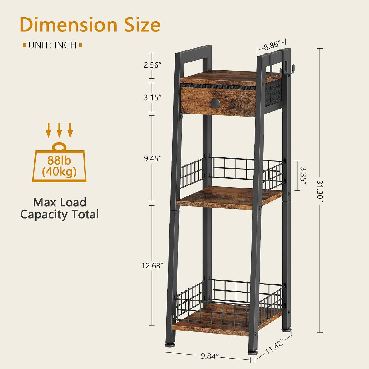 Gewudraw Narrow Bathroom Ladder Shelf with Drawer, 3-Tier, Rustic Brown