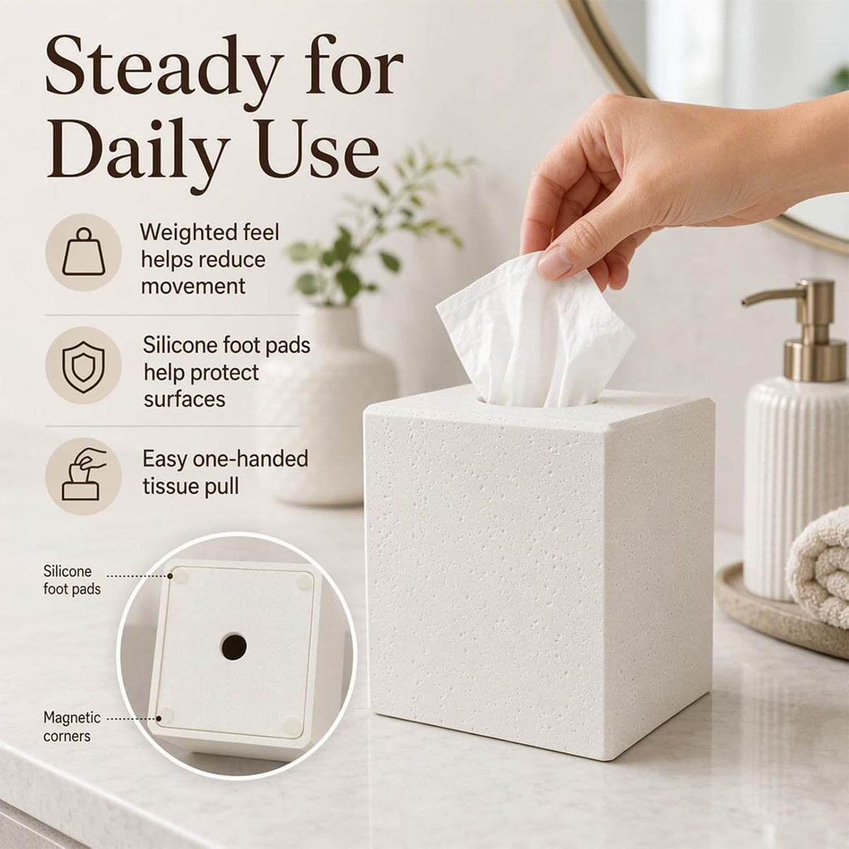 Ivory Tissue Box Cover, Square Decorative Holder with Magnetic Base