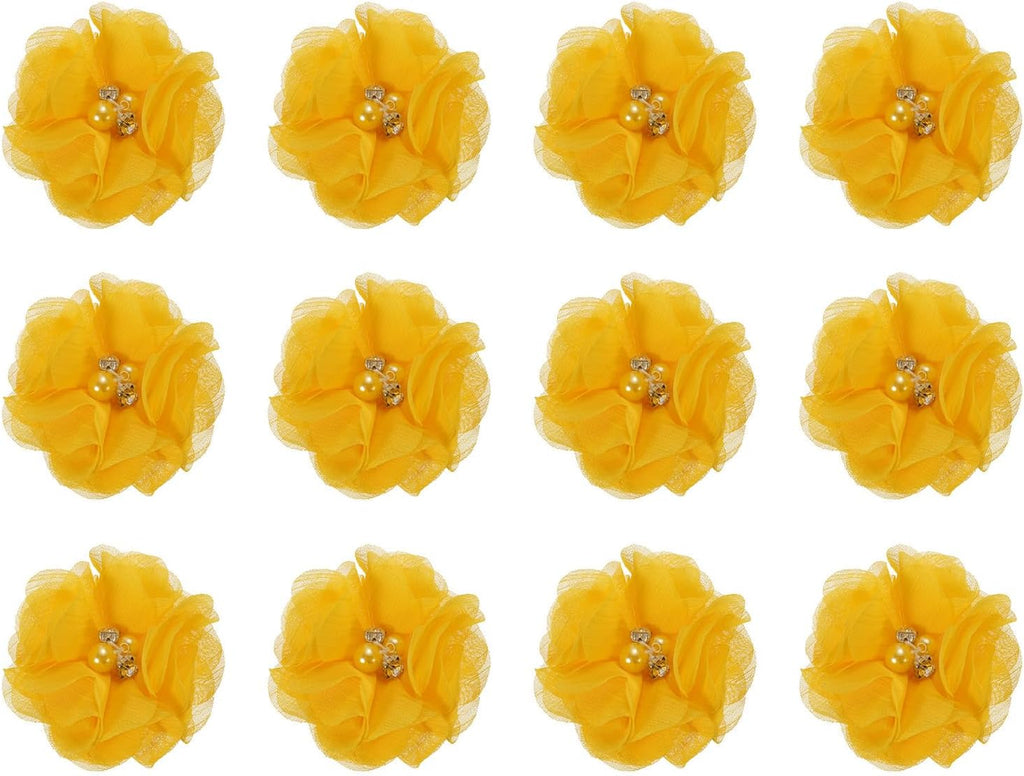 MECCANIXITY Artificial Rhinestone Chiffon Flower Heads, Gold Yellow Faux Flowers 2 Inch for DIY Craft Wedding and Party Decoration Pack of 12