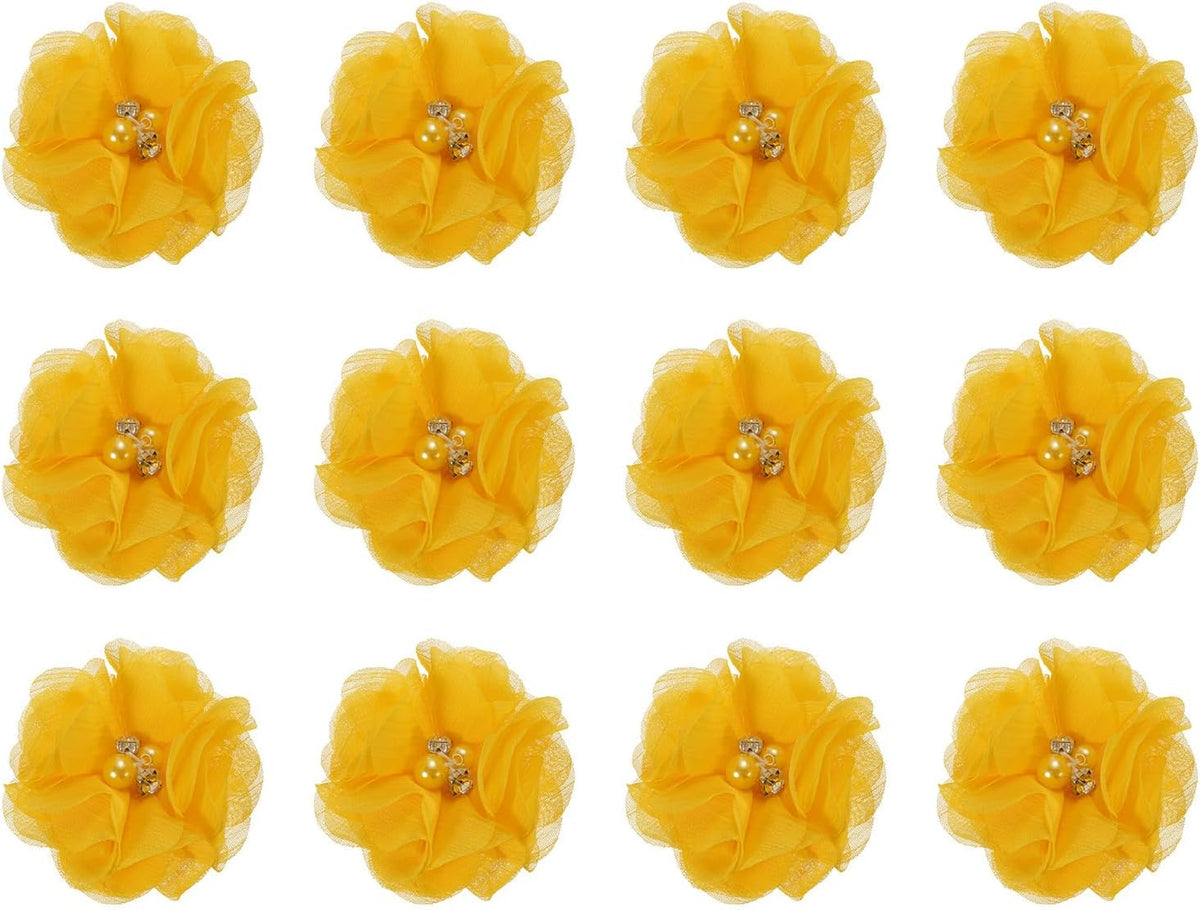 MECCANIXITY Artificial Rhinestone Chiffon Flower Heads, Gold Yellow Faux Flowers 2 Inch for DIY Craft Wedding and Party Decoration Pack of 12