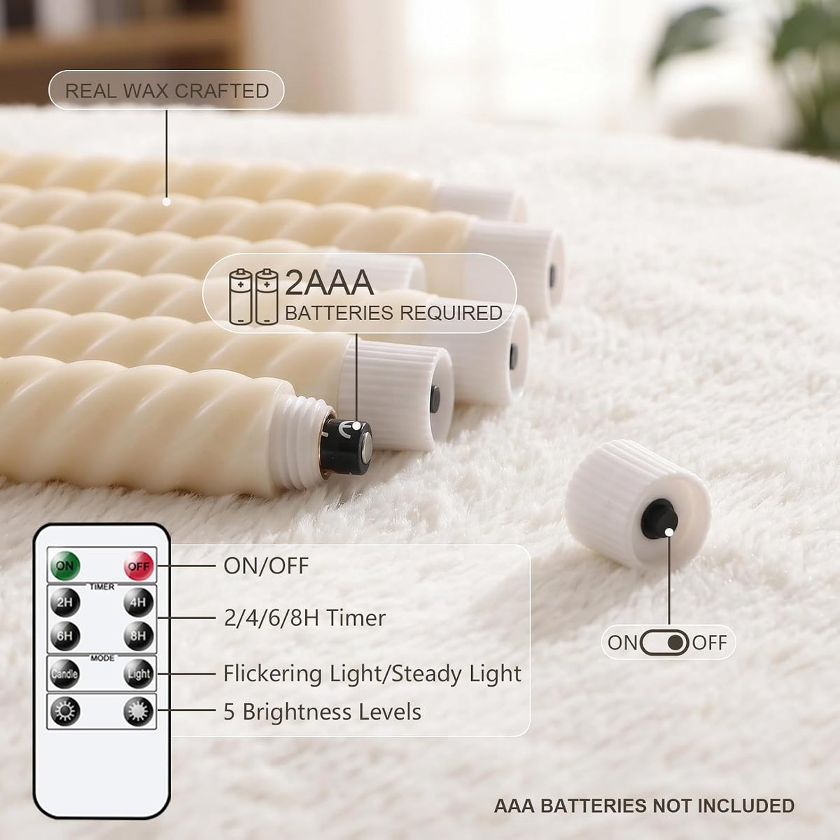 Ivory Flameless Taper Candles Flickering with Remote Timer