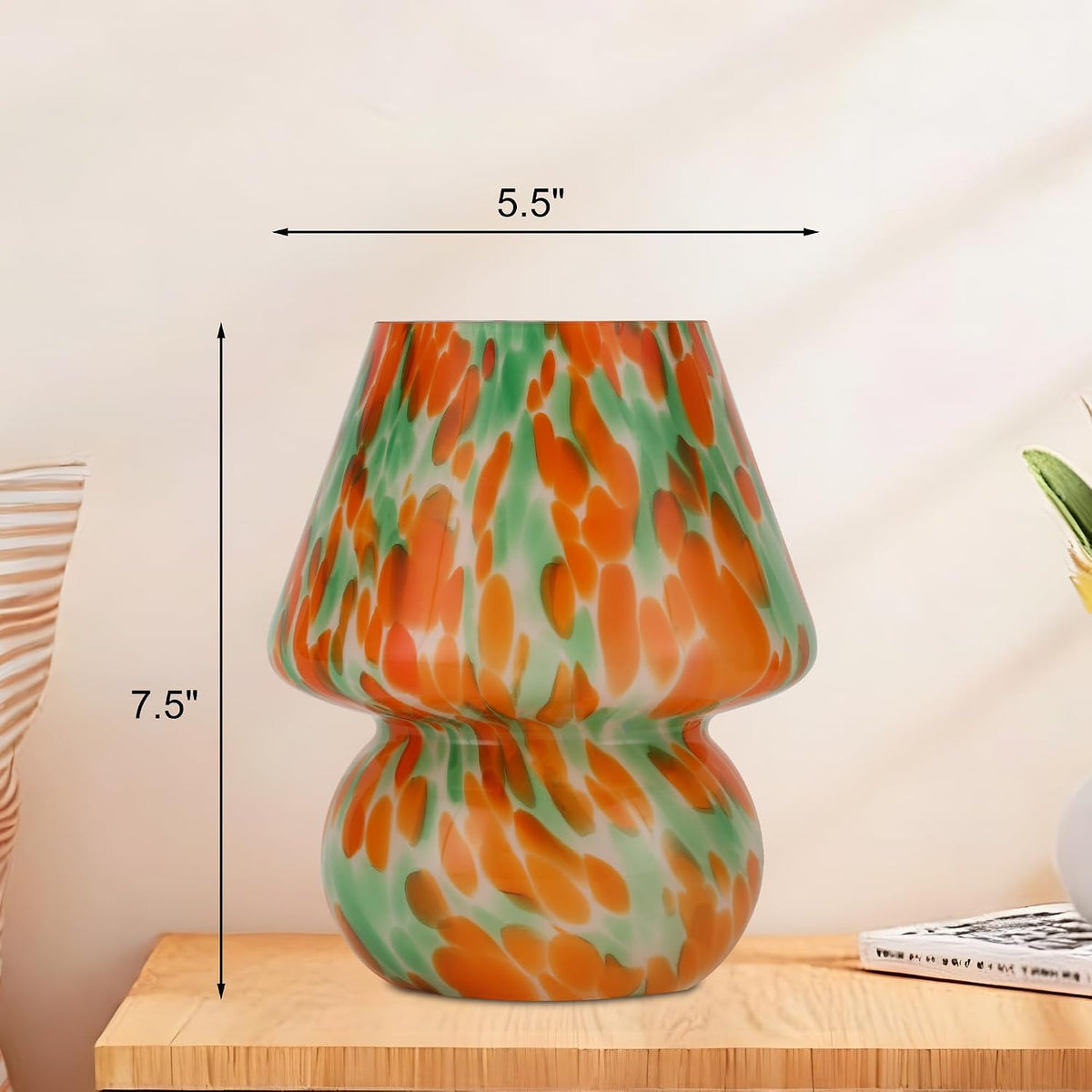 Mushroom Lamp Set of 2, Small Glass Table Lamp, Bedside Nightstand Lamp, Cute Desk Lamp for Bedroom, Dorm, Living Room & Kitchen, Classic Vintage Home Decor Lamp (2, Green&Orange)