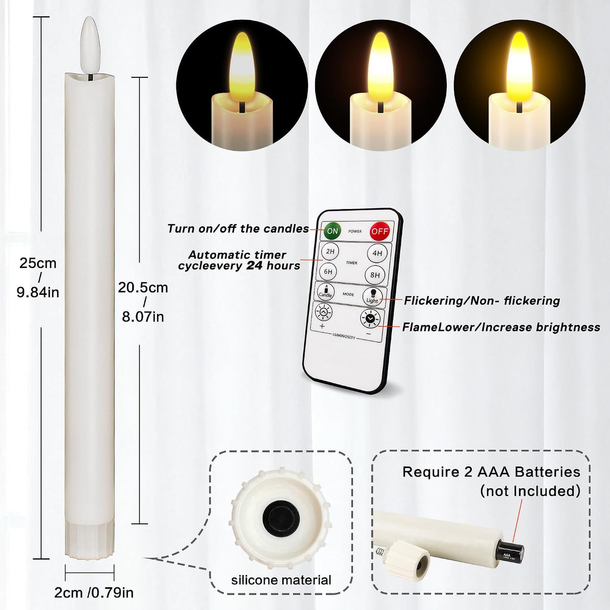 Flameless Taper Candles ,Led Flickering Flameless Candlesticks(White)