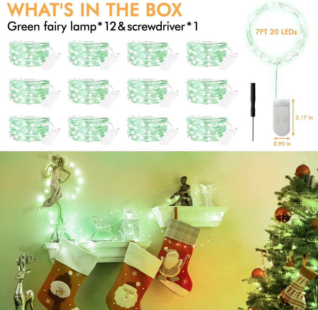 Bexdir 12 Pack Green Fairy Lights, 7FT 20LED Battery Operated String Lights