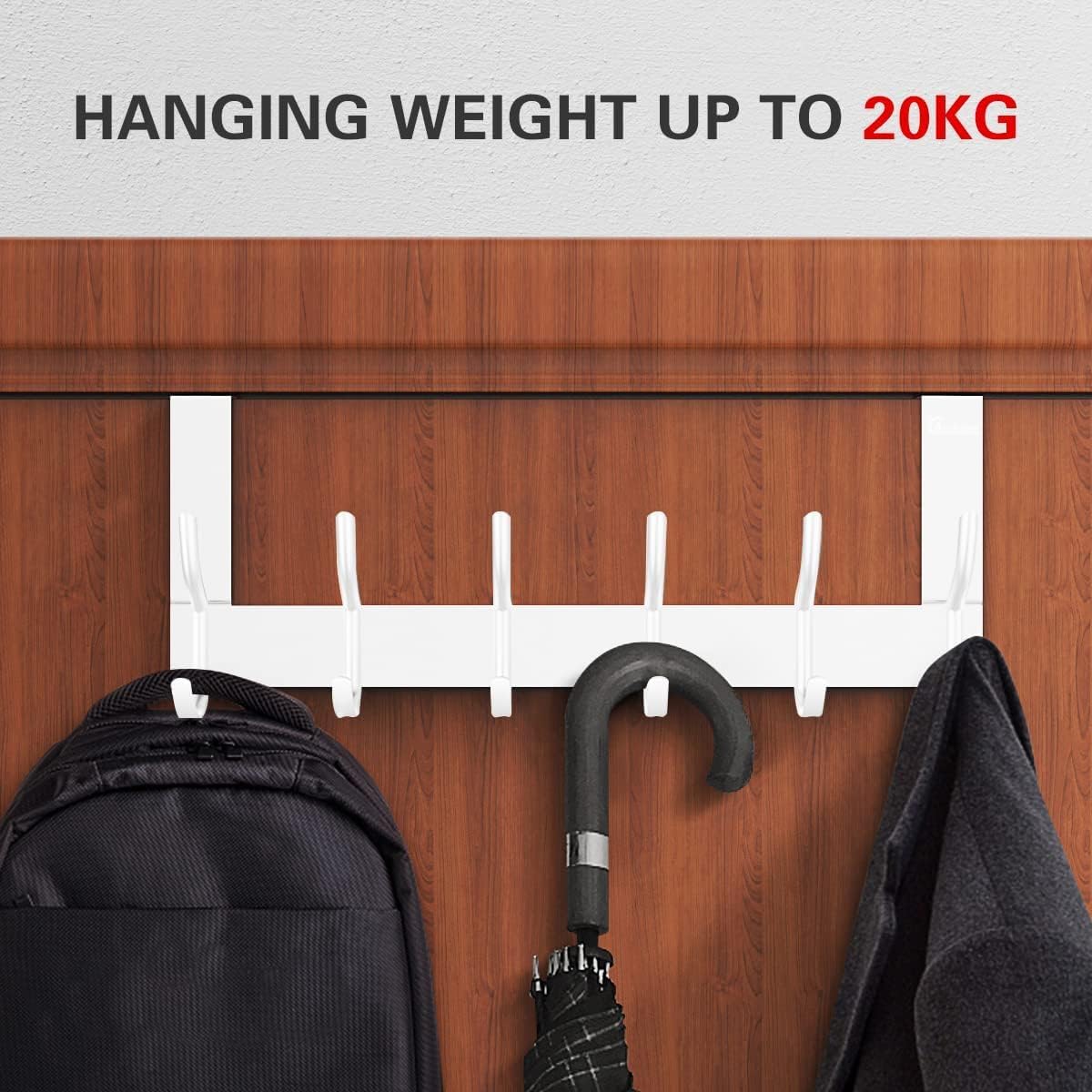 Over the Door 6 Hooks Hanger, White Door Hook for Hanging, Clothes Hooks for Bathroom, Hook Rail