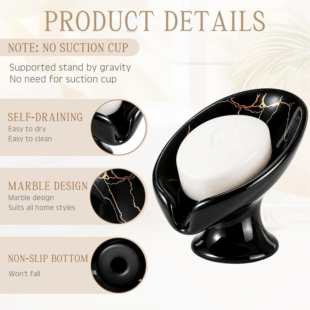 2 Pack Ceramic Soap Bar Holder Leaf Shaped Soap Dish, White Black