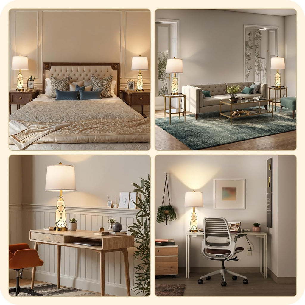 25.6" Glass Gold Table Lamps Set of 2, Tall Bedside Lamps with Nightlight, Modern Nightstand Lamp with USB Ports, Desk Lamp for Bedroom, Living Room, Office, LED Bulbs Included W02TL05