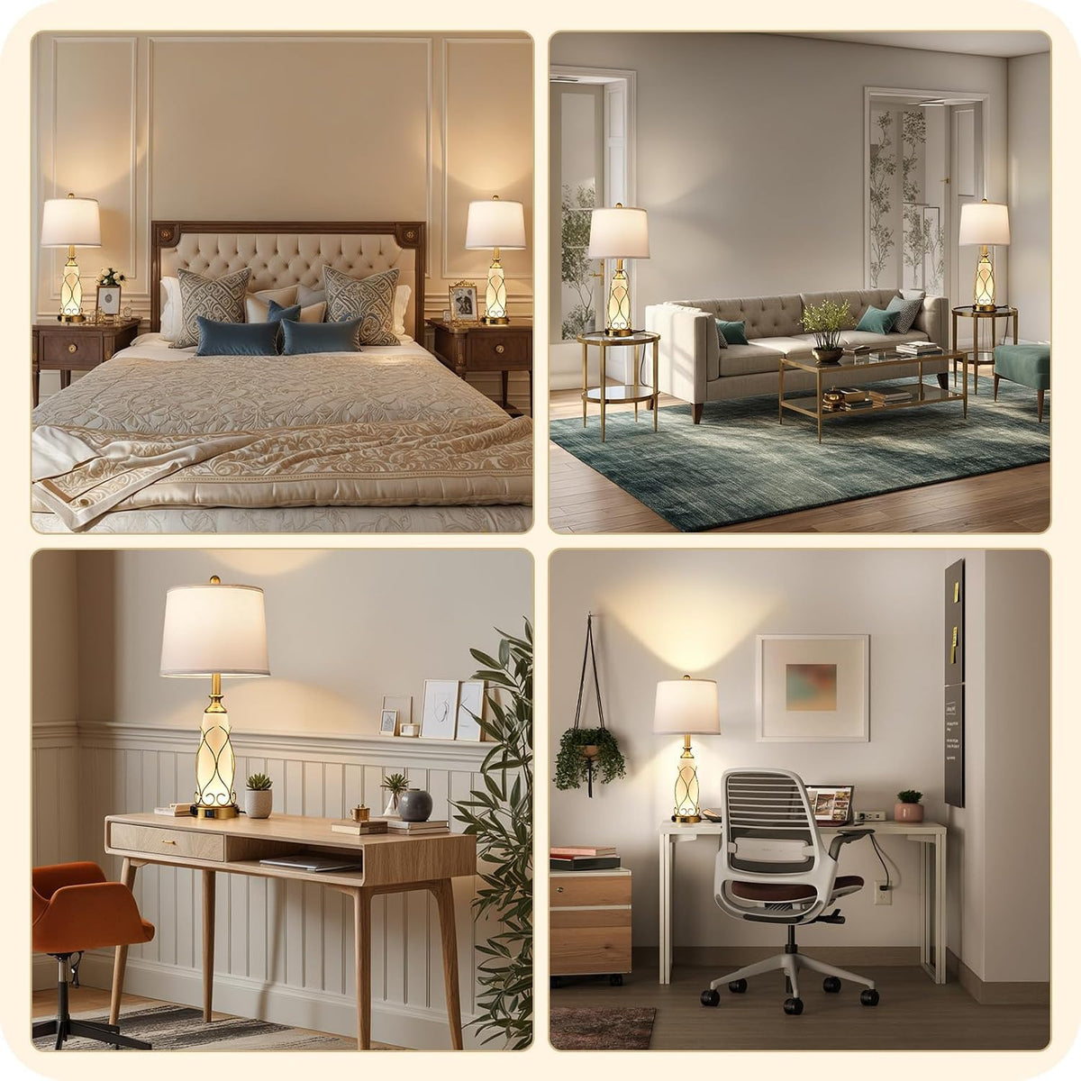 25.6" Glass Gold Table Lamps Set of 2, Tall Bedside Lamps with Nightlight, Modern Nightstand Lamp with USB Ports, Desk Lamp for Bedroom, Living Room, Office, LED Bulbs Included W02TL05
