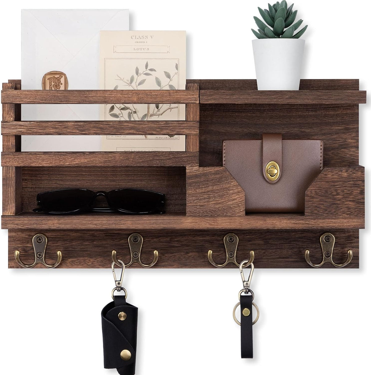 Lwenki Mail and Key Holder for Wall – Decorative 15.9” x 8.7” x 3.2” Entryway Organizer with Shelf – Paulownia Wood with 4 Dual Hooks Includes Mounting Hardware and Installation Guide