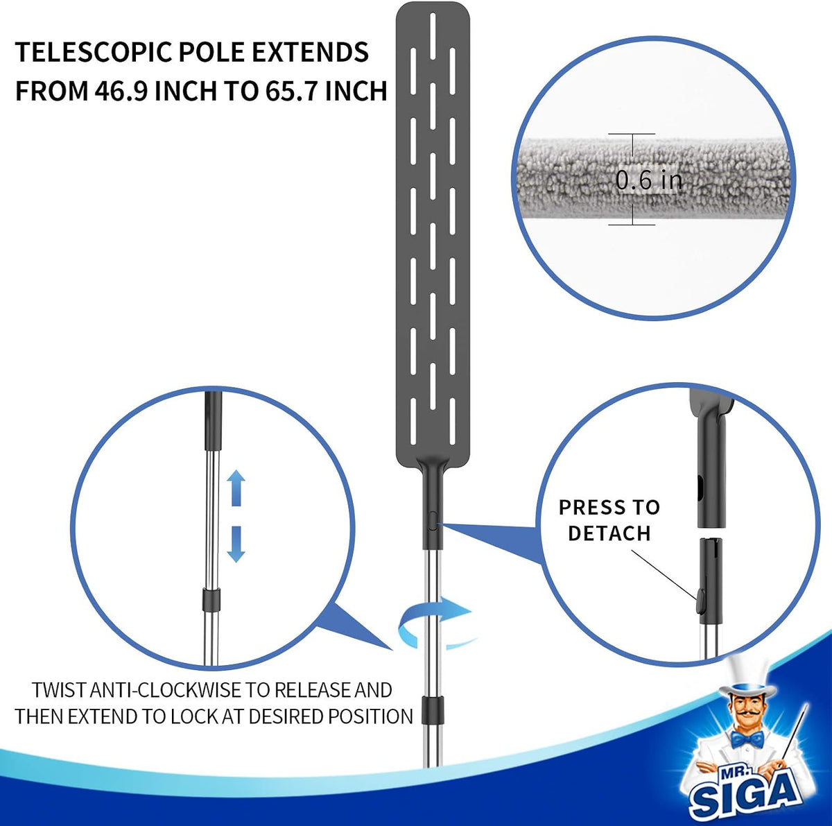 MR.SIGA Microfiber Gap Duster with Stainless Steel Adjustable Handle