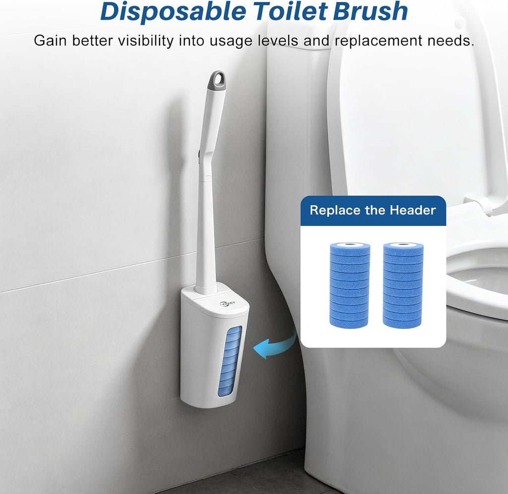 Disposable Toilet Brush Set with Automatic Lid 20 Replacement Heads, White