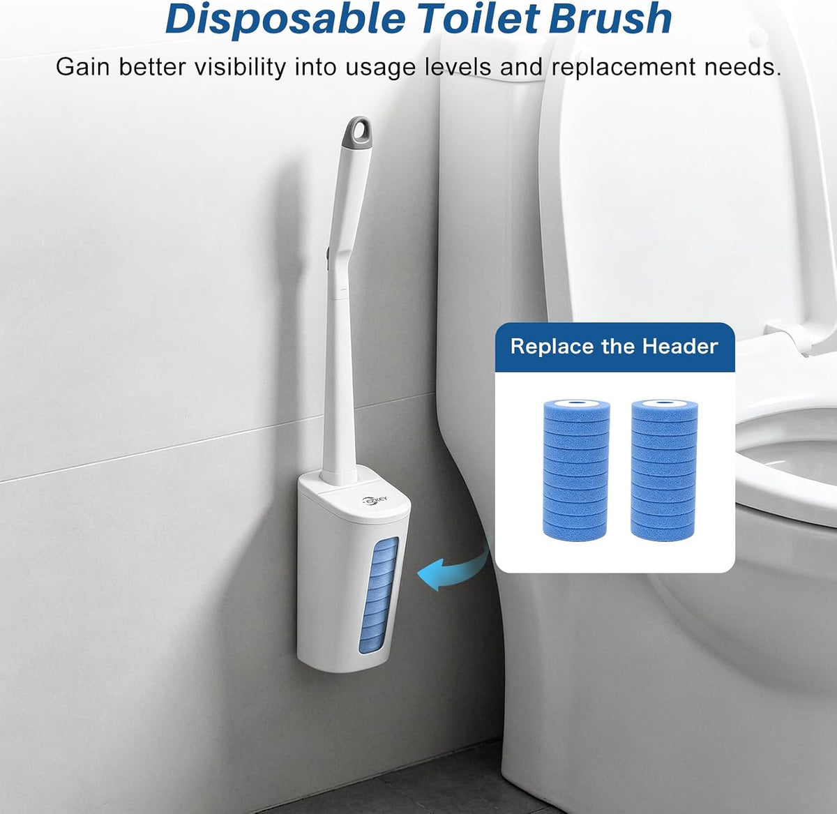 Disposable Toilet Brush Set with Automatic Lid 20 Replacement Heads, White