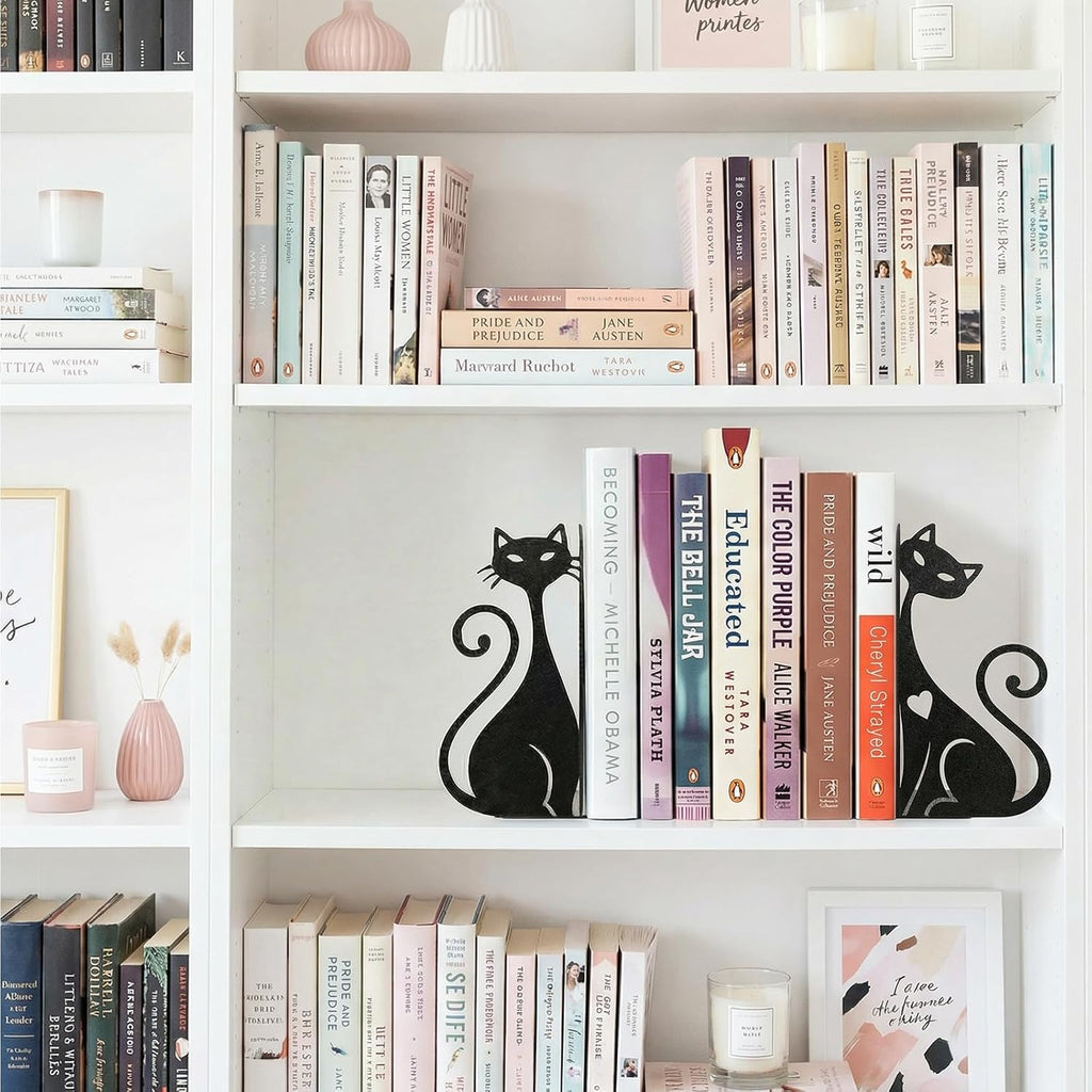 ENCIMART Atomic Cat Bookends for Shelves, Black Metal Decorative Book Ends