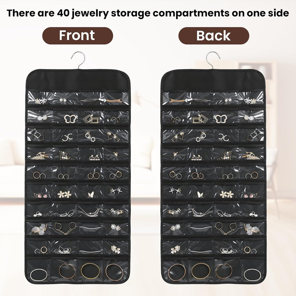 Black Hanging Jewelry Organizer, 80 Pockets Double-Sided, Wall Door Closet Storage for Earrings Necklaces Rings