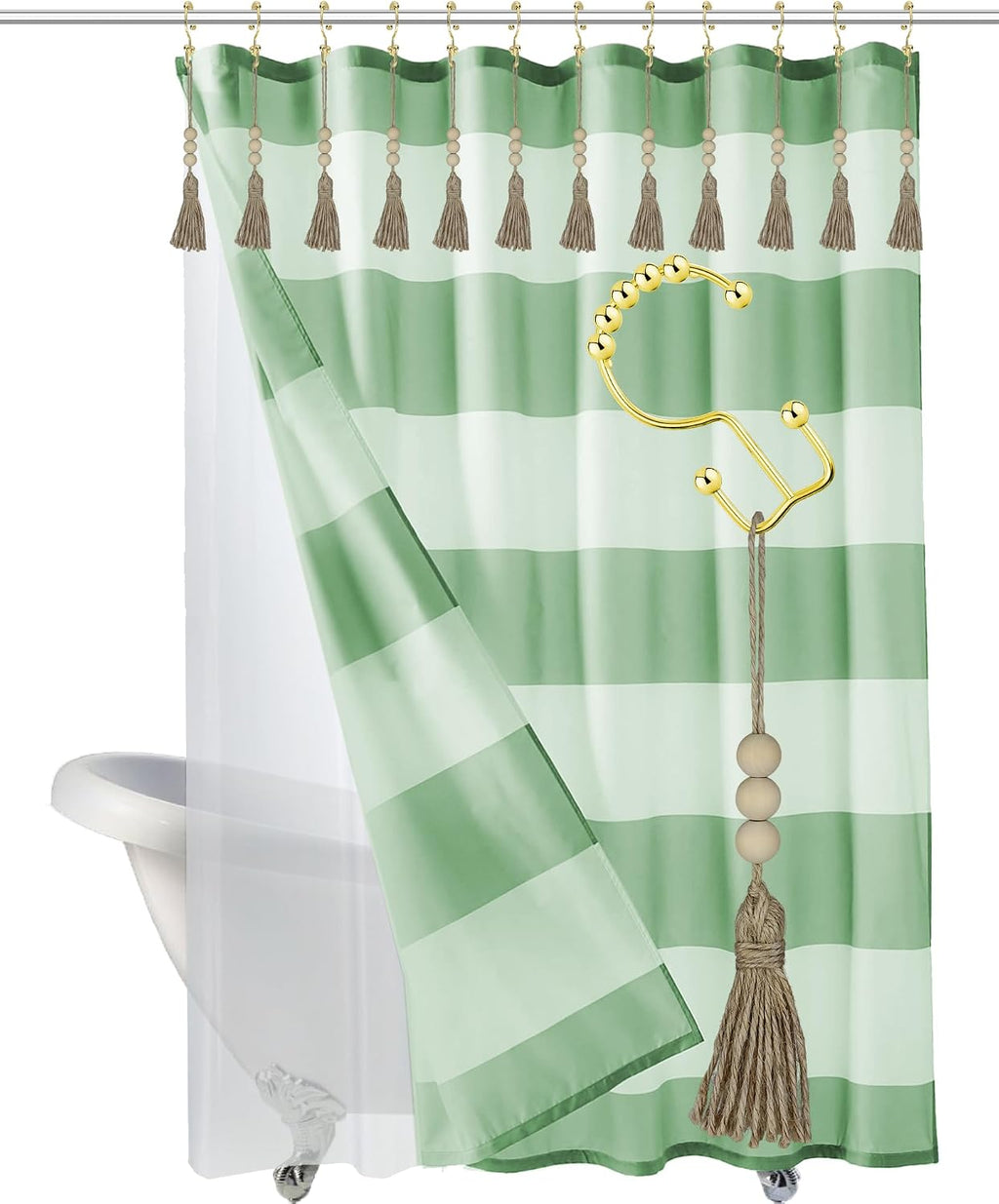 Boho Shower Curtain Hooks Rings for Bathroom Decor, 12PCS Nautical Decorative Gold Stainless Steel Rust Resistant Balance Sliding Double Curtains Hooks（Gold with Tassels）