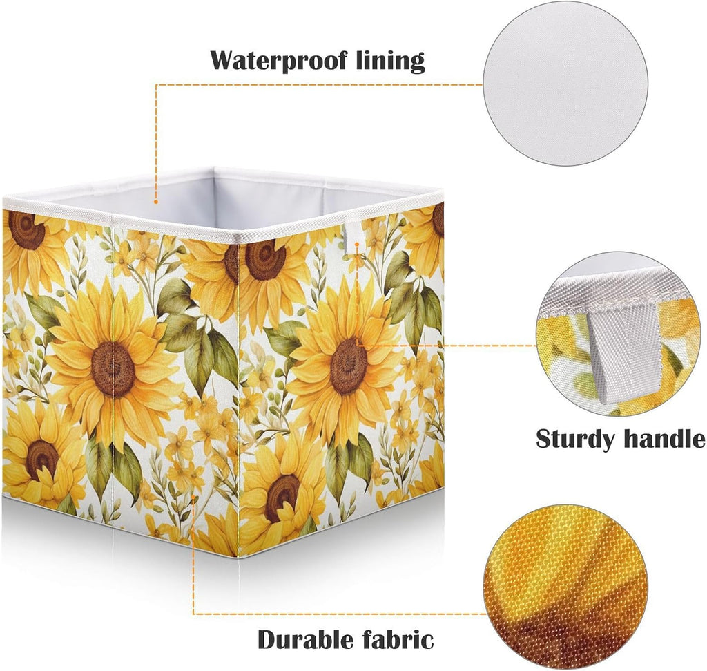 Yellow Sunflower Cube Storage Bins 15.75x10.63x6.96 inch Collapsible Fabric Storage Baskets , Large Toy Clothes Organizer Box for Bedroom, Living Room, Study Room