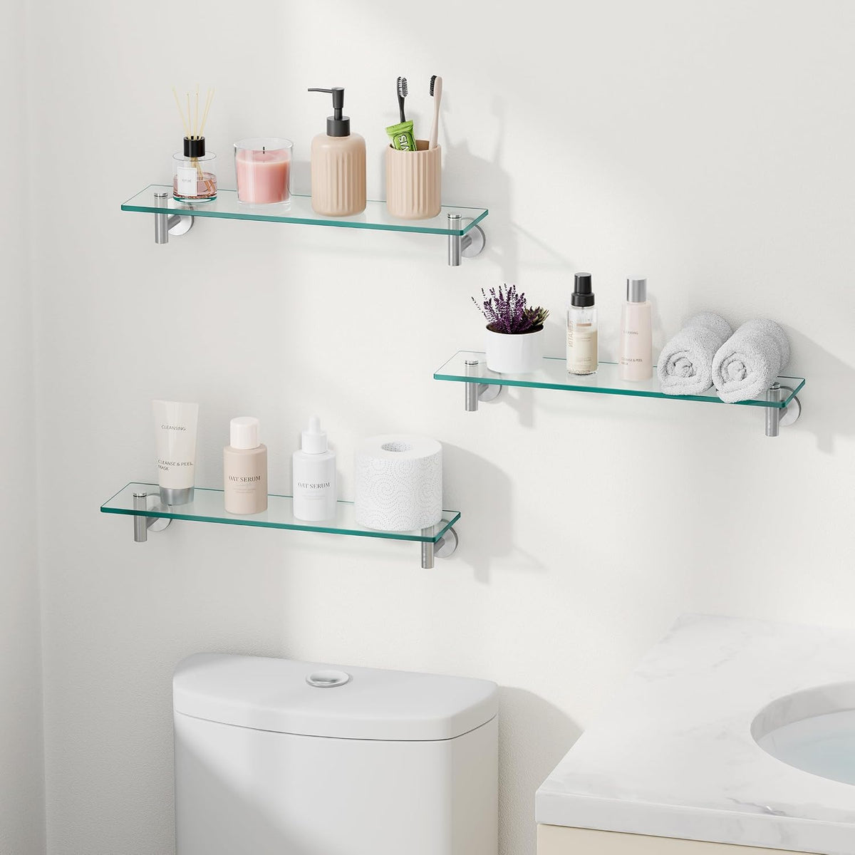 KES Glass Shelf for Bathroom, 20-Inch, 3 Pack, Brushed Finish