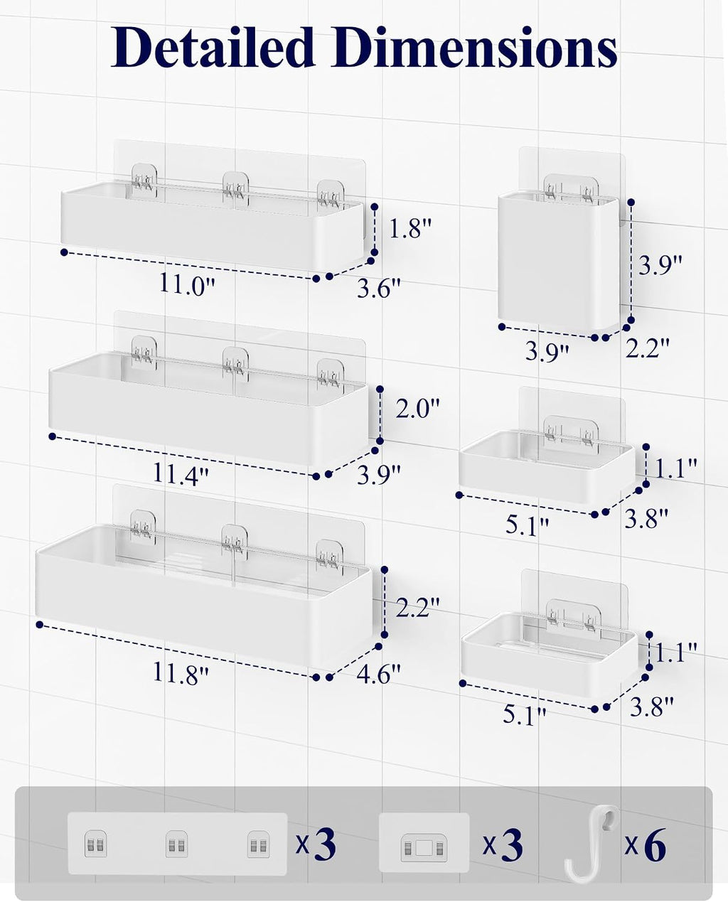 Kitsure Large Shower Caddy - Adhesive 6-Pack Bathroom Shelves, White
