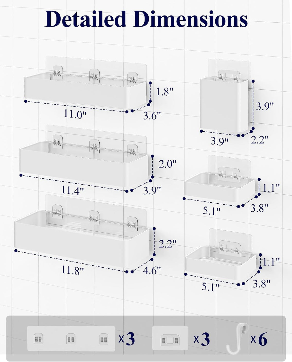 Kitsure Large Shower Caddy - Adhesive 6-Pack Bathroom Shelves, White