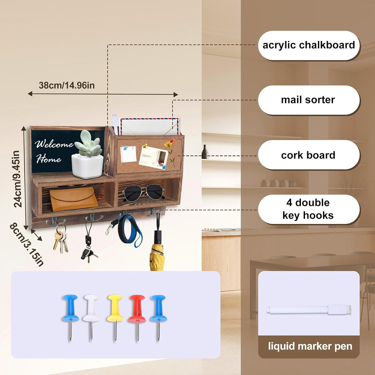 comfoyar Key Holder for Wall, Mail Organizer Wall Mount with Cork Board Bulletin Board, Key Rack with 4 Double Key Hooks and Shelf Storage, Dog Leash Holder for Entryway Rustic Home Decor, Brown
