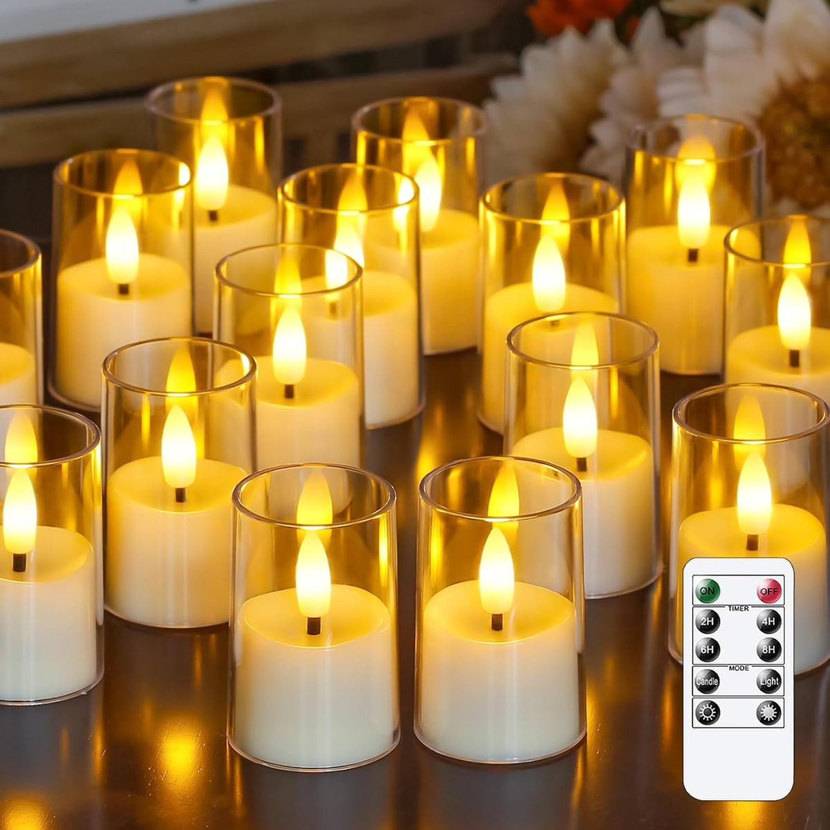 Yeelida 15pcs Battery Operated 1.7" x2.5" Clear Acrylic Remote LED Tea Lights, Flameless 2/4/6/8h Timer Fake Ivory Bulk Votive Candles with Batteries, Flickering Warm Light Pure Plastic Tealights