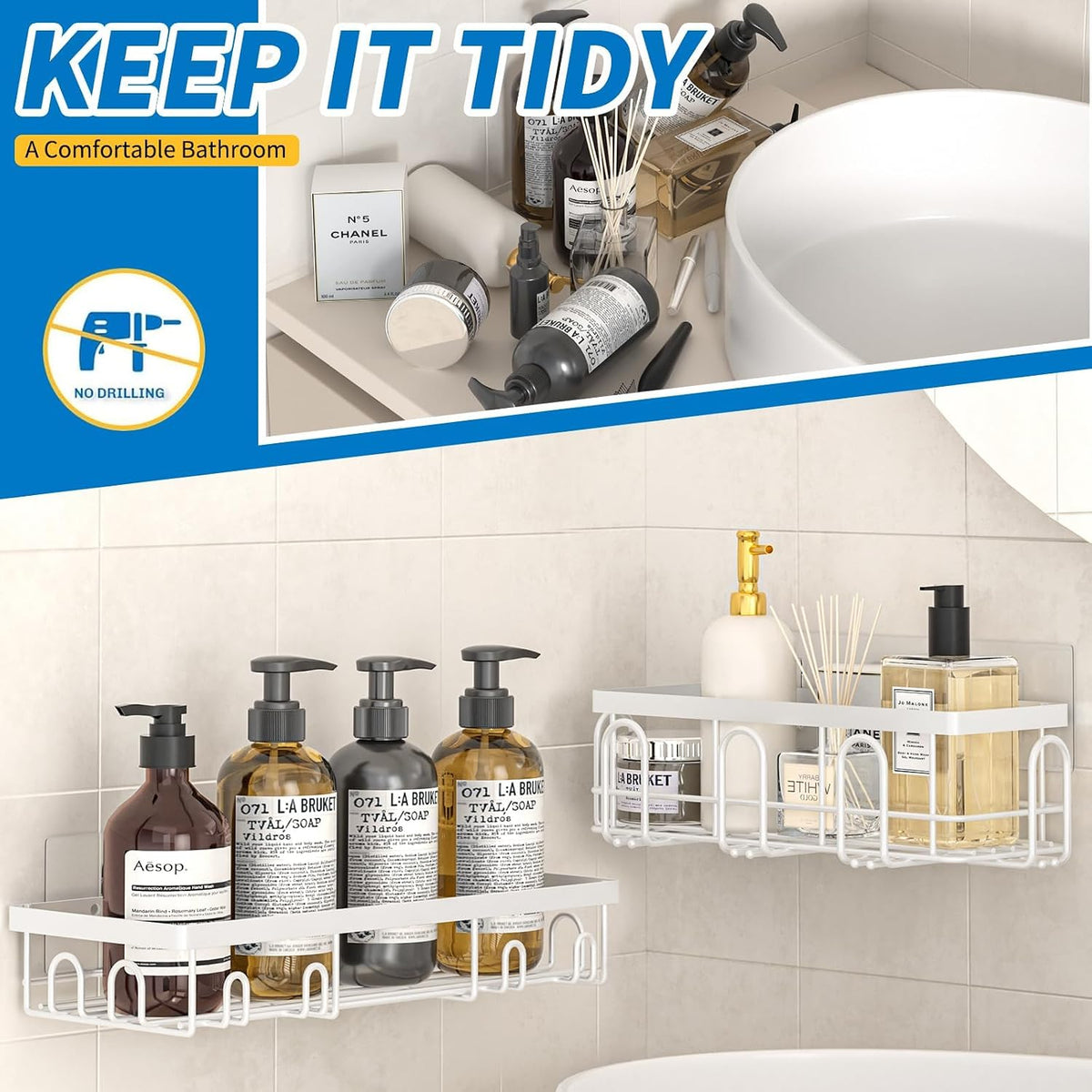 DTUQYX Shower Caddy 18 Pack,Adhesive Organizer for Bathroom Decor Accessories & Kitchen Storage,No Drilling,Large Capacity,Rustproof Stainless Steel Organizer,Home Decor Shelves (White 18 Pack)