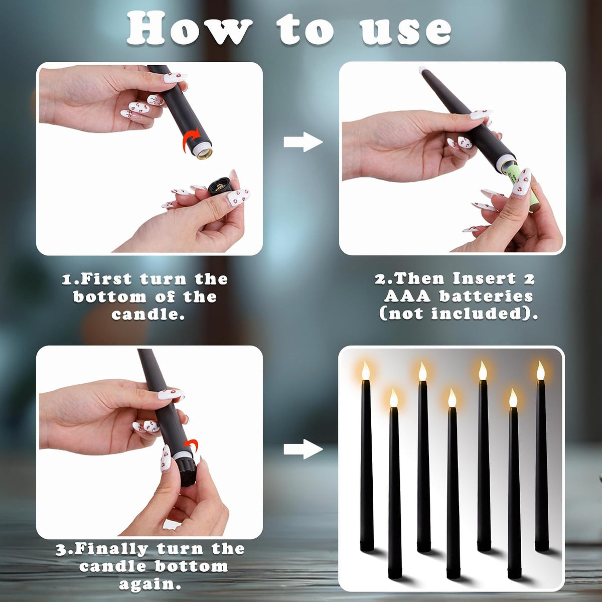 24Pcs Halloween Black Flameless Taper Candles - Battery Operated 2 AAA Long Decor for Table Decorations (No Remote)